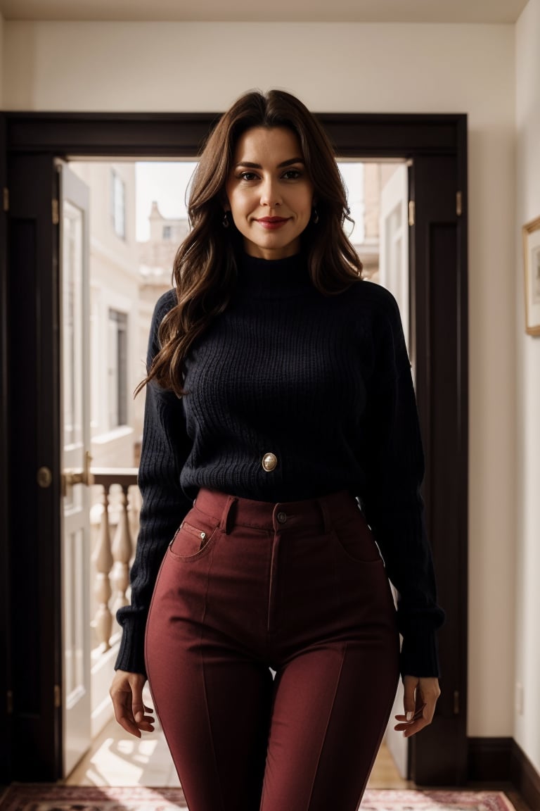 Generate hyper realistic image of a striking woman with flowing brunette hair and a seductive face standing alone in a bright room, hourglass bodyshape, wide hips, crotch gap, medium breast, skin tight red sweater, skin tight black cotton pants that accentuates her figure. With her gaze locked onto the viewer, she exudes a sense of mystery and allure, her lips curved in a subtle grin. The background is blurred, emphasizing her solo focus, .in the style of jclive9988 ,sagging breasts,Masterpiece,old woman