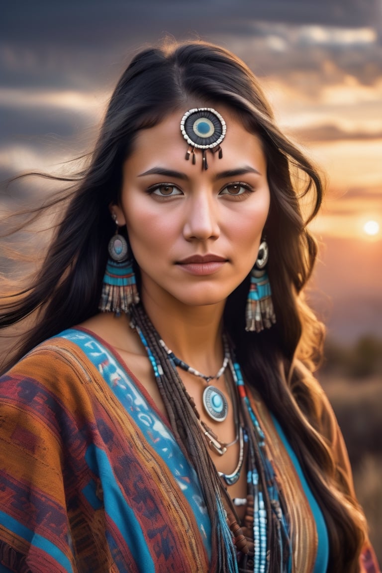 beautiful cherokee woman with the wind blowing her hair, intricate native american ethnic clothing, 8k, flawless masterpiece, airbrushed, hyperdetailed face, hyperdetailed eyes, 