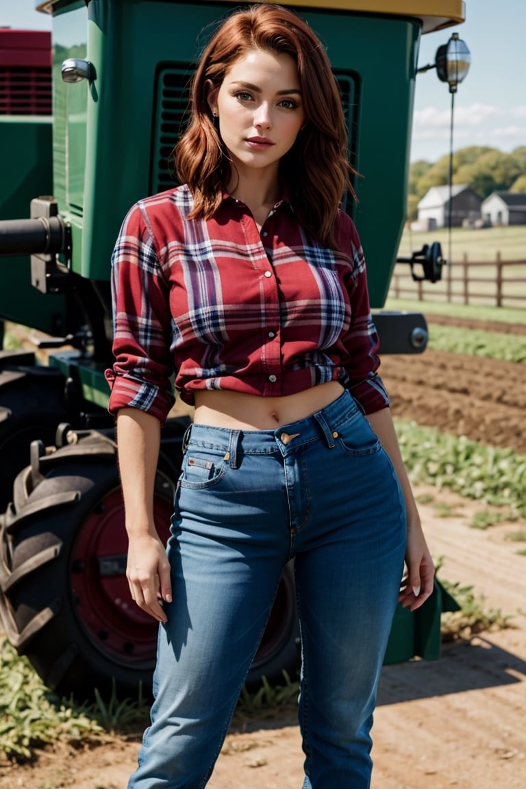 farm girl, masterpiece, high quality, hyper-realistic photography captured with the best camera, 3D, HDR, high definition, bard, farm equipment, vibrant color, cool actress, tight jeans, plaid shirt, fair smooth skin, light-red hair,in the style of jclive9988 ,sagging breasts,Masterpiece,