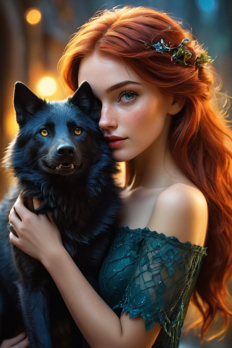 (best quality, masterpiece, colorful, dynamic angle, highest detailed) upper body photo, fashion photography of cute, freckled vixen, holding a black wolf, (ultrahigh resolution textures), in dynamic pose, bokeh, glowing web, (intricate details, hyperdetailed:1.15), detailed, moonlight passing through hair, perfect night, fantasy background, (official art, extreme detailed, highest detailed), HDR+