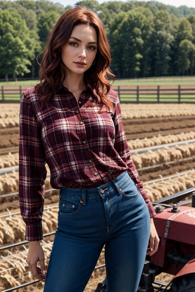 farm girl, masterpiece, high quality, hyper-realistic photography captured with the best camera, 3D, HDR, high definition, bard, farm equipment, vibrant color, cool actress, tight jeans, plaid shirt, fair smooth skin, light-red hair,in the style of jclive9988 ,sagging breasts,Masterpiece,