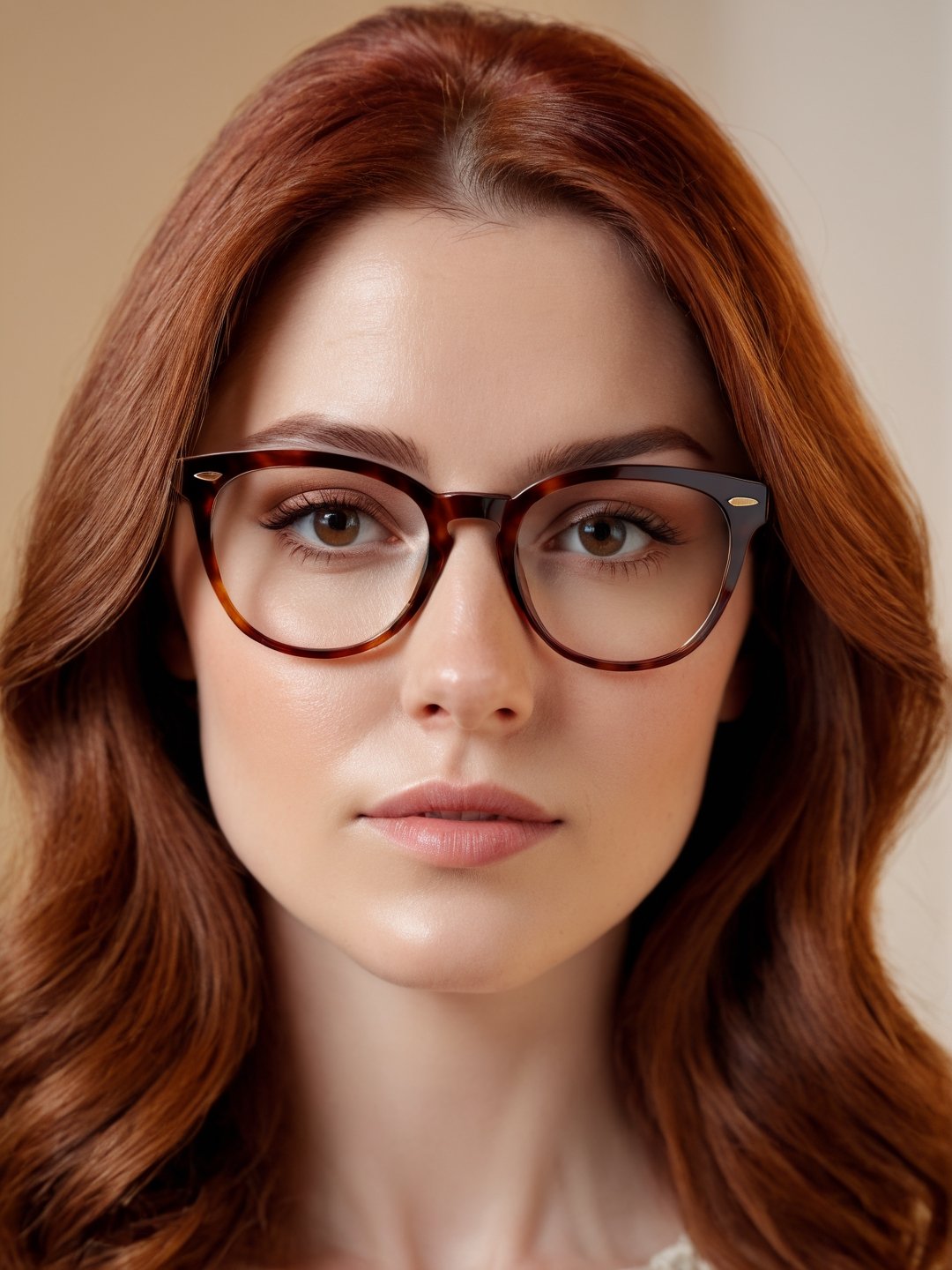 photo r3al, photorealistic, masterpiece, hyperdetailed photography, solo female, glasses, doctor, 30 years old, best quality, 8k, ultra quality, ultra detailed, closed mouth, warm lighting, soft lighting, (closeup), looking_at_viewer, facing viewer, front_view, red-brown hair, slightly freckled, glasses, consulting room, daylight,WEARING HAUTE_COUTURE DESIGNER DRESS