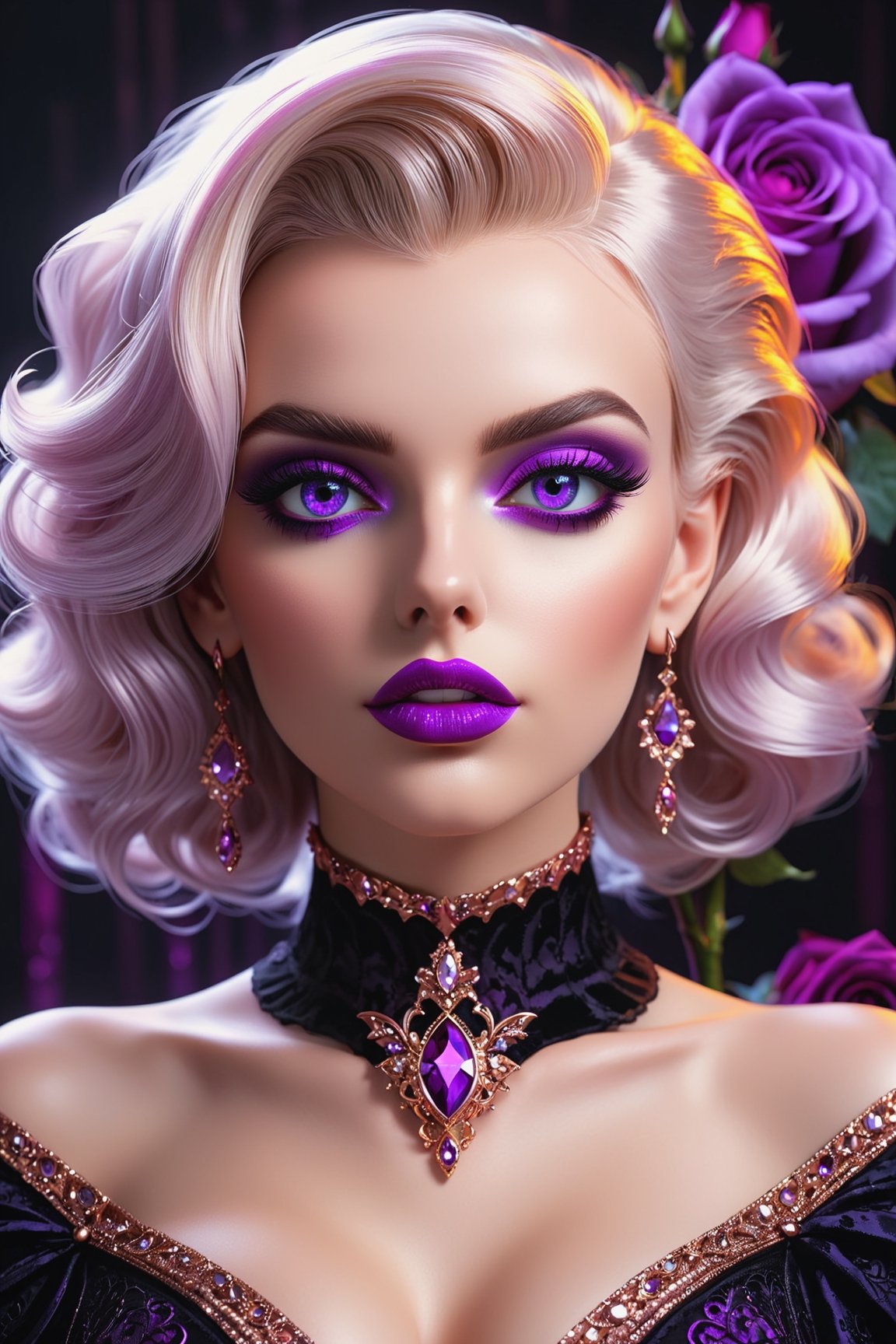 best quality, masterpiece, beautiful and aesthetic, 16K, ( (vibrant color:1.4), (Bright and intense:1.2), fantasy concept art of Gothic style beautiful young woman,monroe,Rose Gold lipstick,iridescent trim,Violet eyes, . Dark . magnificent (facing the camera:1.2), medium breast, highly detailed,, realistic, 8k, unreal engine, cinematic,  cinematic lighting, Black background, Studio lighting, professional photography