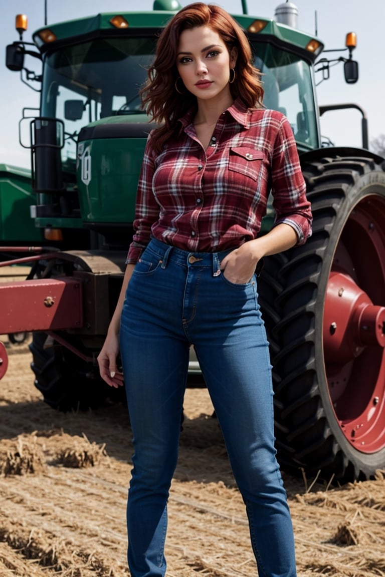 farm girl, masterpiece, high quality, hyper-realistic photography captured with the best camera, 3D, HDR, high definition, bard, farm equipment, vibrant color, cool actress, tight jeans, plaid shirt, fair smooth skin, light-red hair,in the style of jclive9988 ,sagging breasts,Masterpiece,
