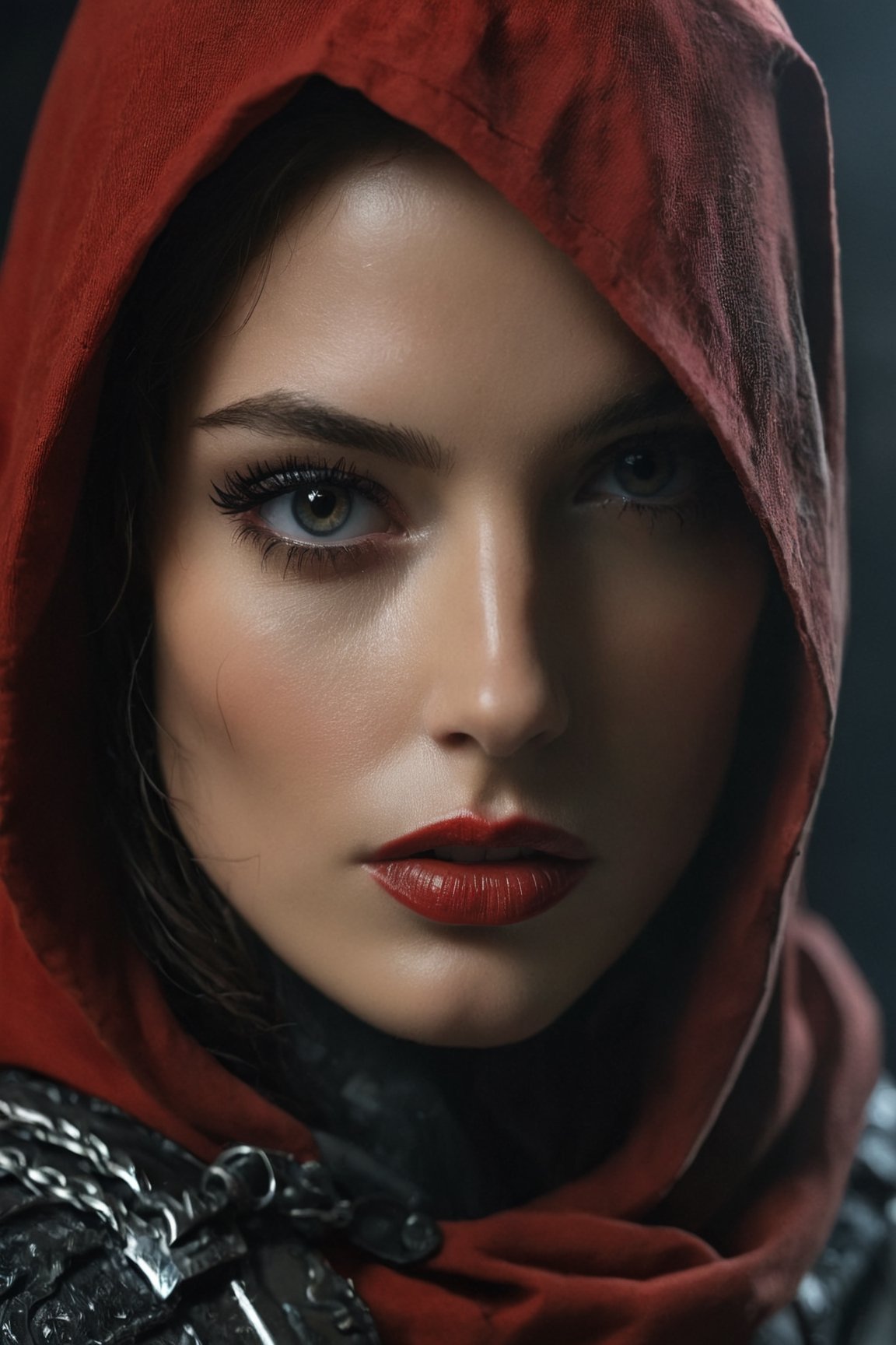 a beautiful mysterious female knight templar wearing a red hood, dark tones, perfect composition, portrait, masterpiece, intricate, best quality, 8k, extremely detailed