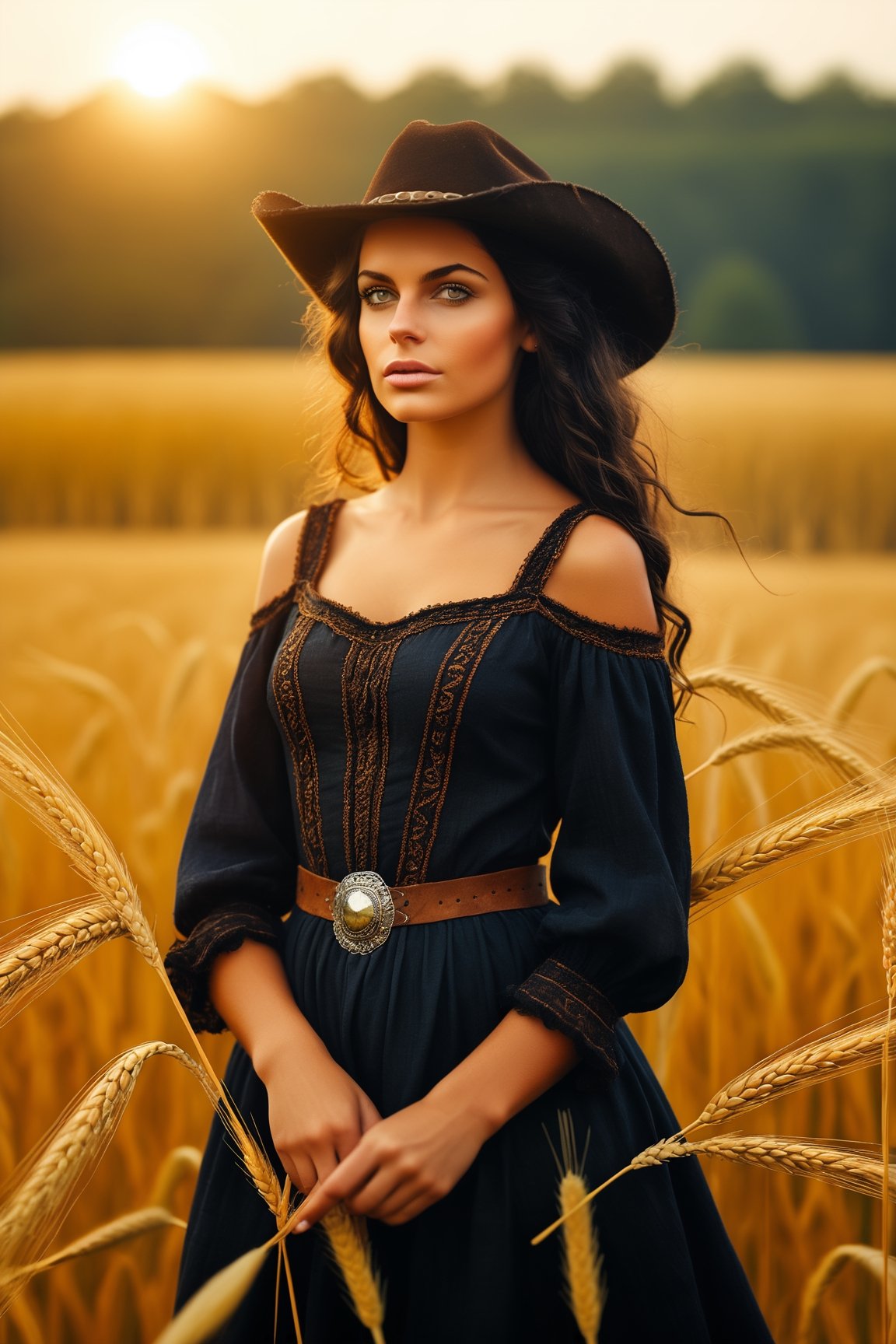 ((absurdres)), ((best quality)), ((a masterpiece)), ((award winning photo)), ((photorealistic)), ((realistic)), ((serene)) ((old style))((ultradetailed)), cinematic, model shoot posing, cowboy shot, from below, 1 girl, (glistening black hair:1.2), (country girl), wavy hair, erotic, (cleavage:1.1), hyperdetailed face, hyperdetailed eyes, beautiful perfect eyes, hyperdetailed clothes, (see-through clothes), (loose medieval clothes:1.3), deep skin, (in the wheat field:1.2), volumetric lighting, (glowing:1.2), (warm light:1.2), see-through,renaissance