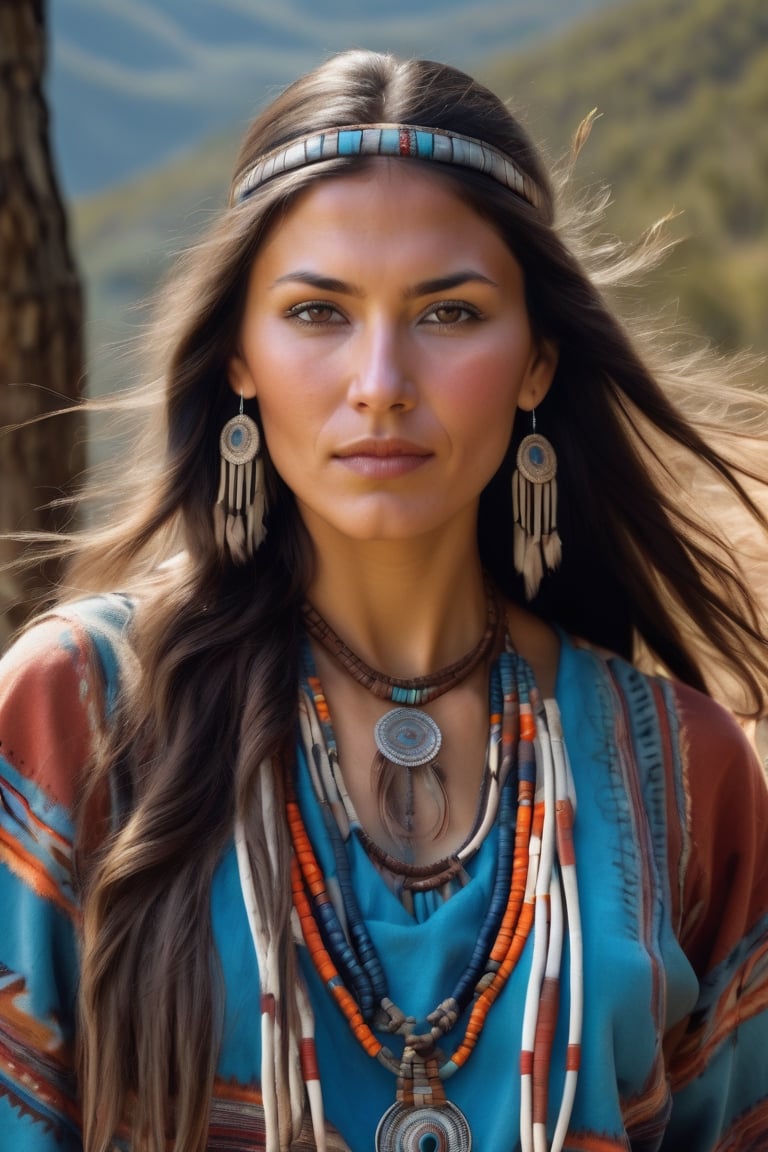 beautiful cherokee woman with the wind blowing her hair, intricate native american ethnic clothing, 8k, flawless masterpiece, airbrushed, hyperdetailed face, hyperdetailed eyes, 