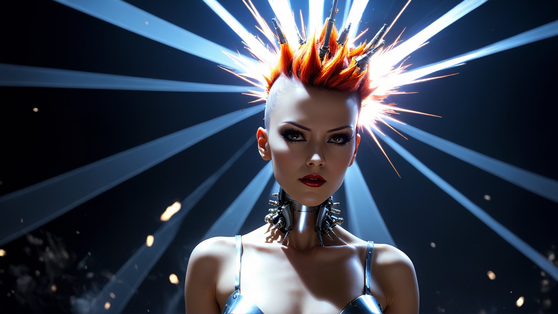 4k, masterpiece, space rays, exploding stars, bursting head, exploding head,  stainless steel exploding female gothic cyborg, metal skin, trendy gothic cyborg with mohawk, (trendwhore style:1.4), ((head of a gothic cyborg woman)), head and body, stainless steel head, mecha pieces, robot parts, shattered reality, ((bursting light rays), glowing light rays, exploding sparks, (2004 aesthetics:1.2),(beautiful vector shapes:1.3),  orange ink theme. sharp details. BREAK highest quality, detailed and intricate, original artwork, trendy, vector art, award-winning, artint, SFW, ,night city,DonMW15pXL,