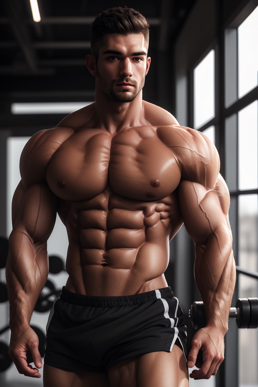 ((masterpiece, best quality)), muscular guy, Musculoso black, gym, detailed body, detailed face, detailed hands, highly detailed,uhd image,crystal clear translucency,perfecteyes,Sexy Muscular