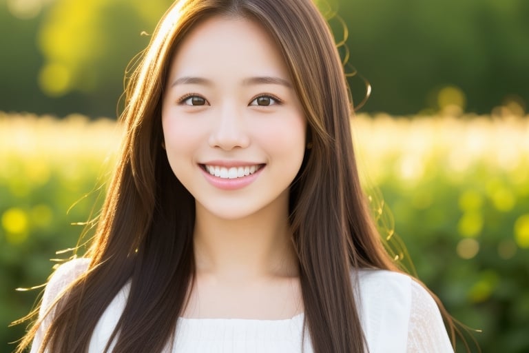 1girl, portrait, close-up, bokeh, golden hour, looking at the camera, masterpiece, accurate, anatomically correct, textured skin, front lighting, using reflectors, f/1.8, 50mm, Canon EOS 5D Mark IV, regina display, super detail, high details, high quality, best quality, highres, UHD, 1080P, HD, 4K, 8K, long straight hair, white blouse, natural landscape,white small tooth,big smile,cute japanese woman
