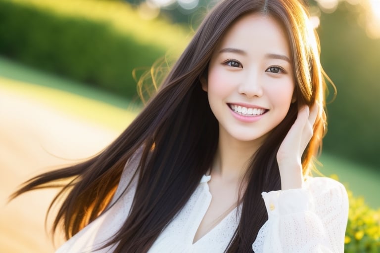 1girl, portrait, close-up, bokeh, golden hour, looking at the camera, masterpiece, accurate, anatomically correct, textured skin, front lighting, using reflectors, f/1.8, 50mm, Canon EOS 5D Mark IV, regina display, super detail, high details, high quality, best quality, highres, UHD, 1080P, HD, 4K, 8K, long straight hair, white blouse, natural landscape,white small tooth,big smile,cute japanese woman