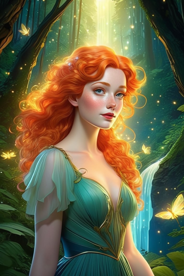 highly detailed photo of a curvy ginger woman, backlit, fireflies, (iridiscent glow), forest with a waterfall, ethereal, visually rich, vintage comic, flat lights, cel shaded, fairy tale, high detail, highly detailed face, soft makeup, gown, full color, (2D:1.2), vector, 32k resolution, best quality, octane render, unreal engine v5