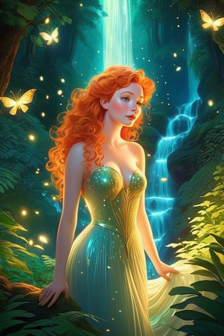 highly detailed photo of a curvy ginger woman, backlit, fireflies, (iridiscent glow), forest with a waterfall, ethereal, visually rich, vintage comic, flat lights, cel shaded, fairy tale, high detail, highly detailed face, soft makeup, gown, full color, (2D:1.2), vector, 32k resolution, best quality, octane render