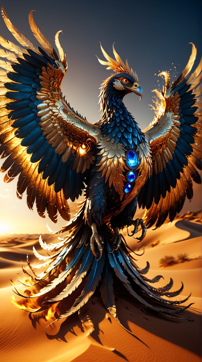 dynamic shot, dynamic pose.

A colossal, ancient phoenix rising from golden sands, its massive wings outstretched. Its feathers gleam with deep blacks, shimmering golds, and vibrant blues, reflecting oil and energy. Each feather is crystalline and glowing. The phoenix's eyes are radiant liquid gold orbs, exuding wisdom and power. Its beak and talons are polished metal. Swirling patterns resembling flowing oil adorn its body, merging with radiant light. As it rises, it leaves trails of golden light and ethereal flames. The background is a desert with rolling dunes, illuminated by a setting sun, conveying grandeur, wealth, and strength.

Blurred background, Bokeh background, dynamic background,

(best quality, 4K, 8K, high-resolution, masterpiece), ultra-detailed, realistic, photorealistic, intricate design, detailed facial expression, otherworldly appearance, glowing elements, complex patterns, high contrast, dynamic lighting, high detail, high resolution.