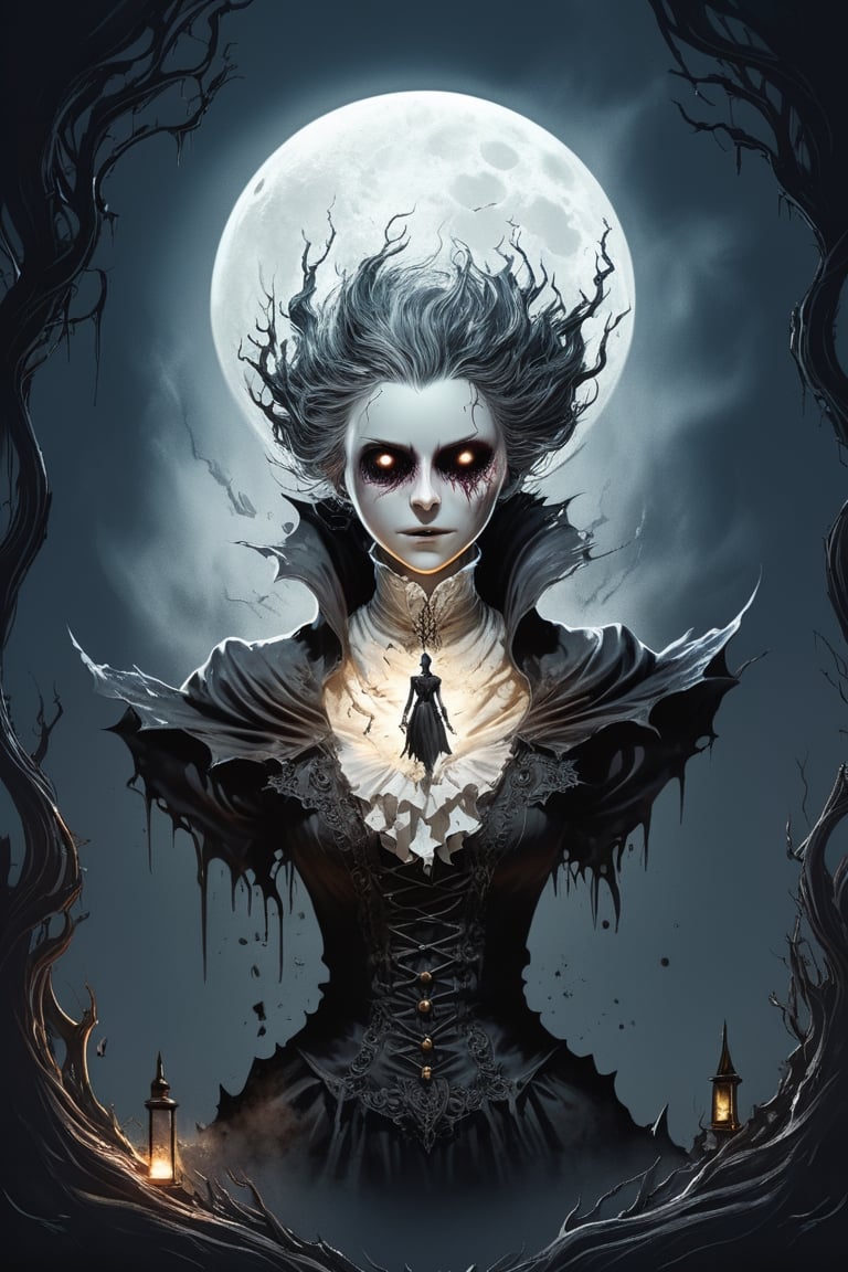 Wide shot, Best quality, high-res, Soft and white, like virgin snow, She's calmly watching my desire grow, The moon is full, wearing a dirty smile, And I cover her body gentleman style, photorealistic, Bloodborne, glowing eyes, dark magic splash, gothic, Halloween, burnt sephia gradient, magic, nature, clean background, magic splash, 3D vector art, fantasy art, watercolor effect, bokeh, Adobe Illustrator, hand-drawn, digital painting, soft lighting, isometric style, retro aesthetic, 4K resolution, using Cinema 4D, natural lighting, cinematic, masterpiece, highly detailed, intricate, extreme textures, horror, terryfying, creepy, Scary, artstation, epic, high-detailed