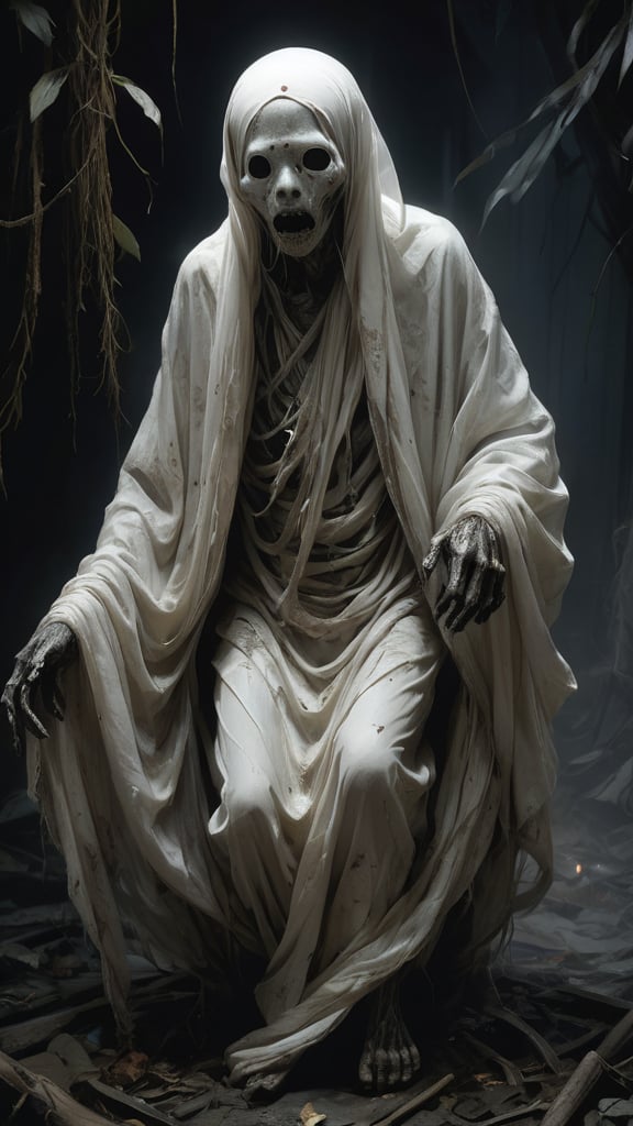 Indonesia: A grotesque Pocong, a ghostly figure wrapped in a death shroud, with hollow, sunken eyes and an eerie ability to hop after its victims, MASTERPIECE by Aaron Horkey and Jeremy Mann, sharp, masterpiece, best quality, Photorealistic, ultra-high resolution, photographic light, illustration by MSchiffer, Hyper detailed