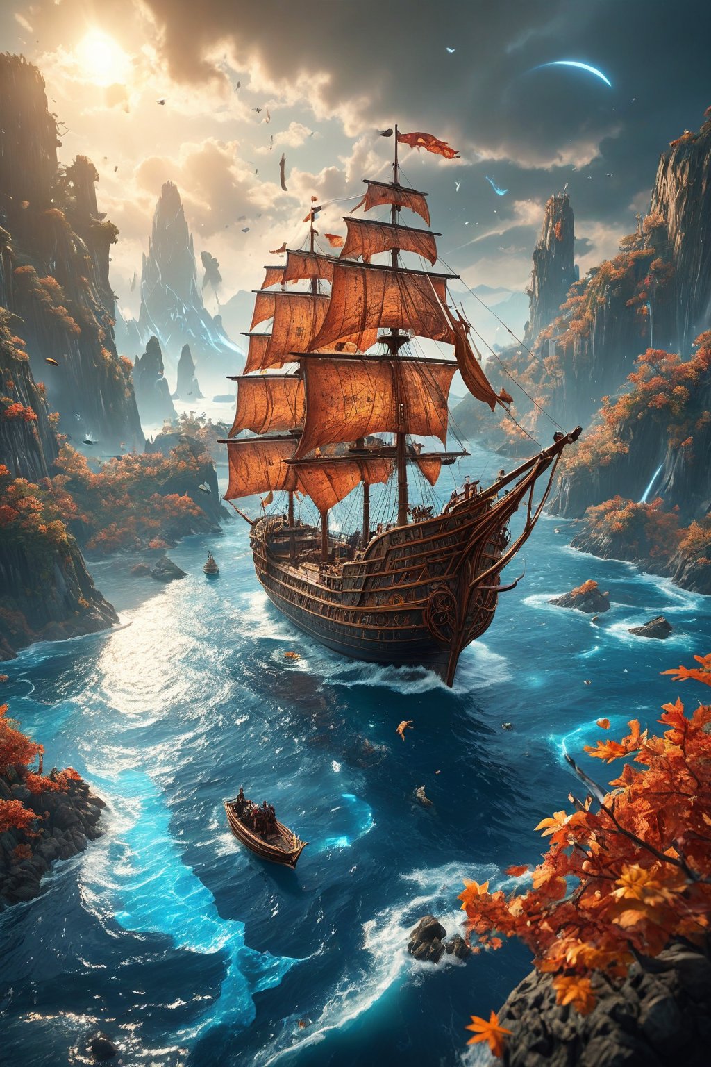 Fantasy Voyage: Depict a ship sailing through a fantastical landscape, with the ship made from paper, the sea from blue paper strips, and islands with leaves and twigs.
(best quality, 4K, 8K, high-resolution, masterpiece), ultra-detailed, intricate designed, vibrant colors, otherworldly appearance, glowing elements, complex patterns, dynamic lighting, cinematic composition, high detail, high resolution. The result should be a breathtaking image that immerses viewers in the futuristic world of epic battles.