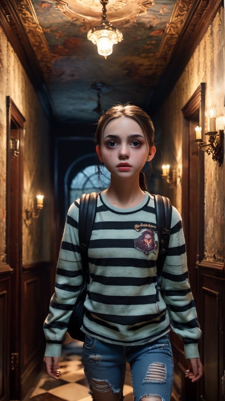 Young 1girl ponytail scared afraid striped shirt jeans sneakers backpack running through haunted victorian mansion dark hallway, spooky eyes in the background, creepy, night, cracked peeling walls rotten floors lost dark creepy Clutter-Home (masterpiece:1.2) (photorealistic:1.2) (f22) (best quality) (detailed skin) (intricate details) (8k) (high poly) (ray tracing) (claymation) (cinematic lighting) (sharp focus), inspired by the works of artists like Victoria Francés and Jasmine Becket-Griffith.