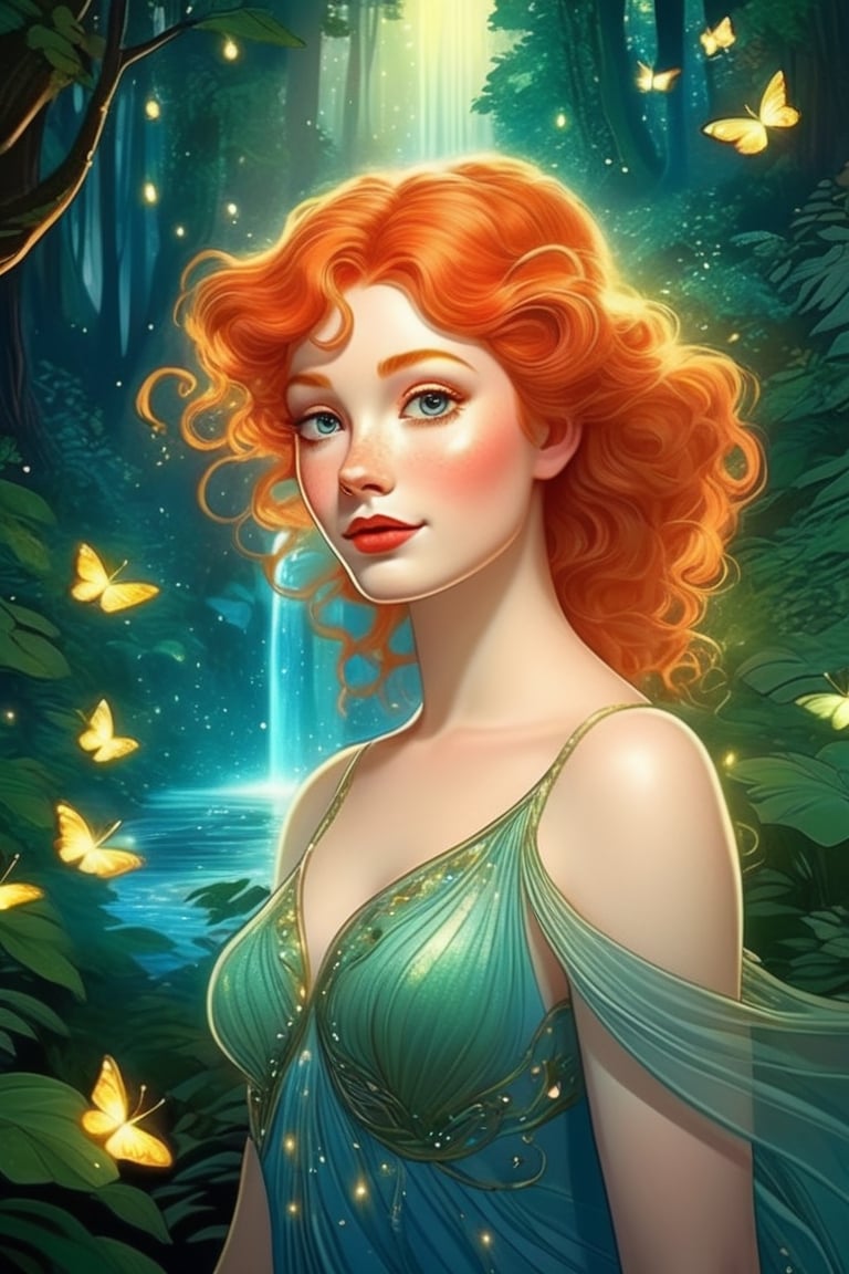 highly detailed photo of a curvy ginger woman, backlit, fireflies, (iridiscent glow), forest with a waterfall, ethereal, visually rich, vintage comic, flat lights, cel shaded, fairy tale, high detail, highly detailed face, soft makeup, gown, full color, (2D:1.2), vector, 32k resolution, best quality