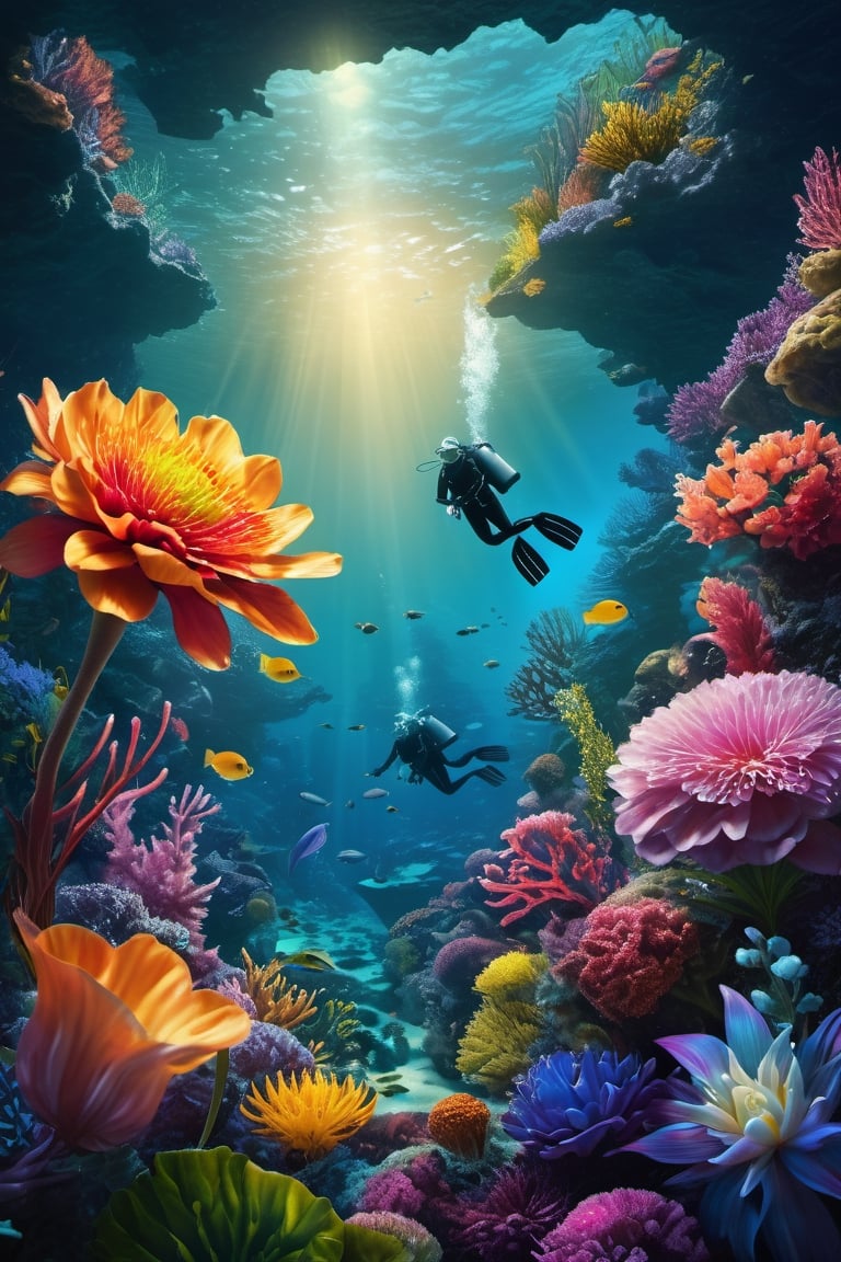 The Only Flower Garden Below Sea Level: A beautiful flower garden grows in the dark depths of the sea and is only accessible to a brave diver. professional photography, natural lighting, volumetric lighting maximalist photoillustration, by marton bobzert, 8k resolution concept art intricately detailed, complex, elegant, expansive, psychedelic realism, vibrant colors, fantasy