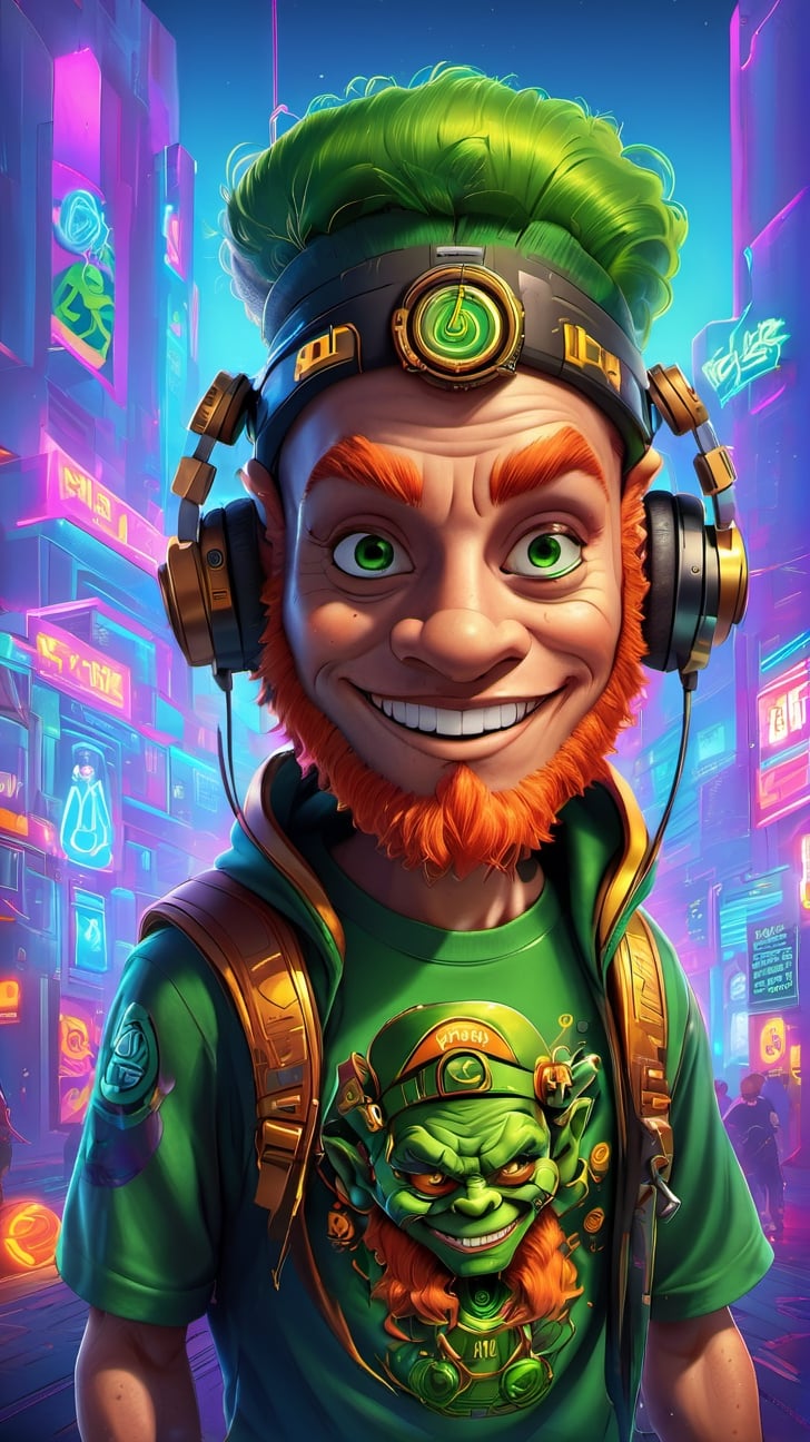 Portrait of A cyborg leprechaun figure with a t-shirt featuring a classic hip-hop logo, surrounded by a vibraprint ready vector t-shirt design, celebrating halloween, hoodie, headphone, side view, sticker, professional vector, high detail, t-shirt design, graffiti, vibrant, nt, urban landscape,Monster,Leonardo Style,3d style