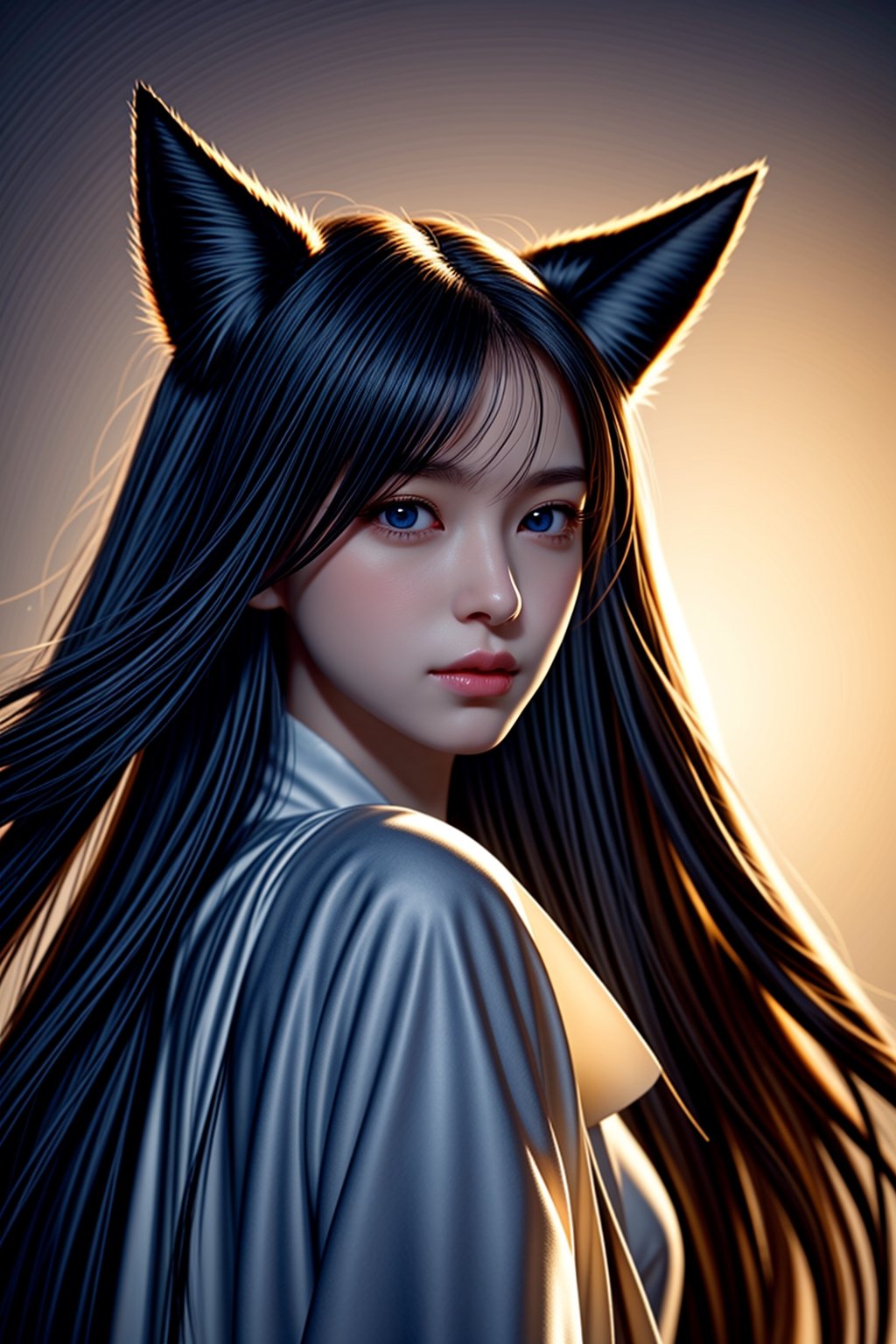 fox_tail,black-hair,5_figners,yellow_eyes,fox_girl,fox_ears,Ahri,midjourney,three quarter Length,1 girl,More Detail,perfect light,CJ painting, from below,<lora:659111690174031528:1.0>