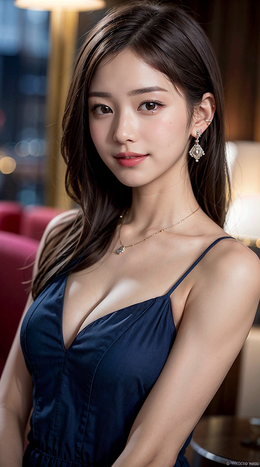 (best quality,masterpiece:1.2, photorealistic:1.4, highly detailed), 1 girl, in her 20s, detailed beautiful face, smile, detailed beautiful eyes, medium-length light-brown hair, wearing a fashionable navy dress, looks like a princess, cleavage, hair ornament, earrings, necklace, realistic detailed skin texture, detailed hair, at hotel lounge, at night, sharp focus, upper-body portrait, asian girl, full nude