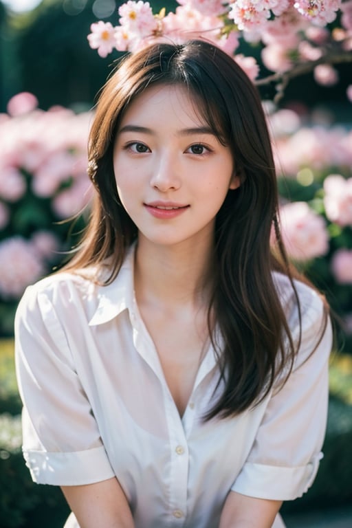 Masterpiece, DSLR photography, analog style, Nikon D5, live action photography, beautiful 20 year old woman, dramatic lighting (85mm), flowering garden in background, (detailed face), (beautiful sparkling eyes), dynamic angle, Michelangelo style, long hair, white shirt, smile: 1.4,