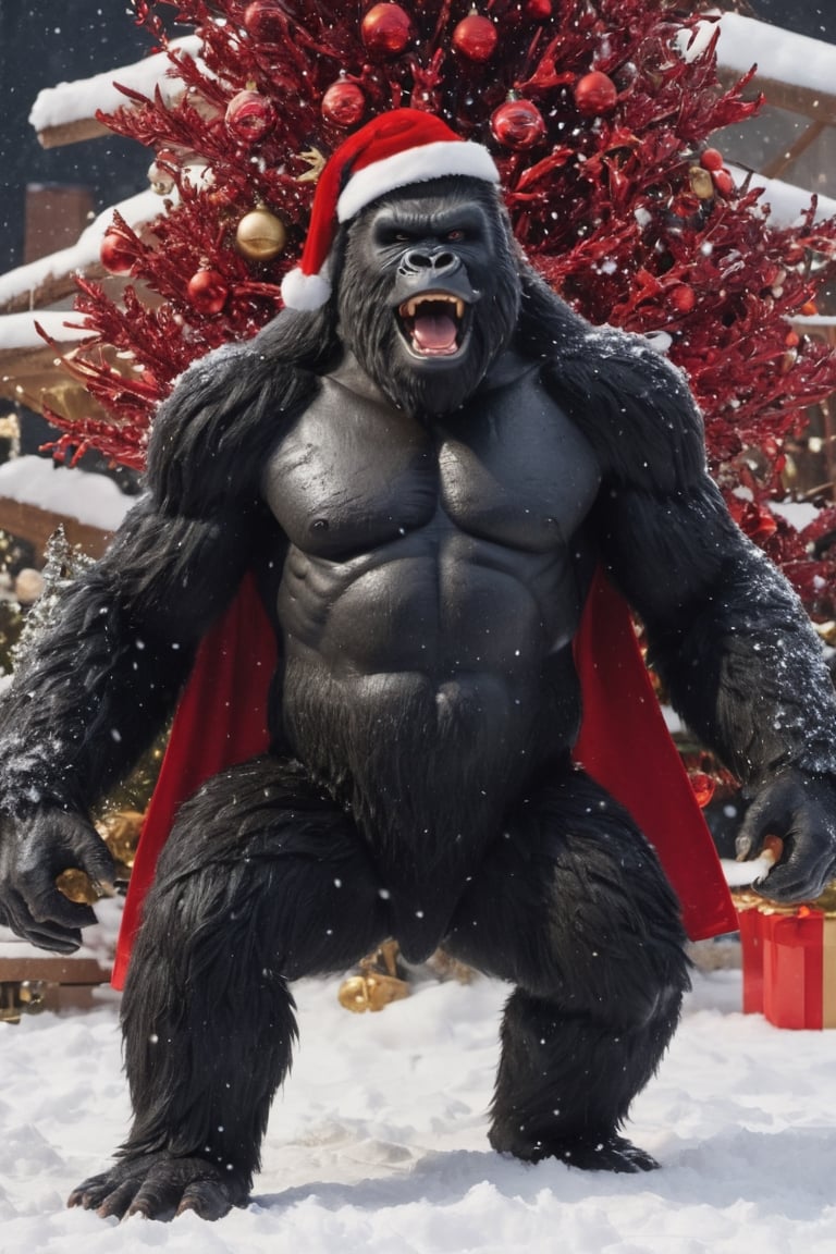 Extreme detailed king kong, ((full body:1.3)), king kong, large CROWs, Futuristic Beam weapon, symmetry design, Monster, exoskeleton king kong, golden eyes, ((santa claus red costume)), ((sant hat)), Midnight, (((christmas decorations:1.9))), (snow flakes falling:1.9), ((from below:1.7)), ((from side:1.9)), ((christmas decoration tree:1.9)), ((Smile))