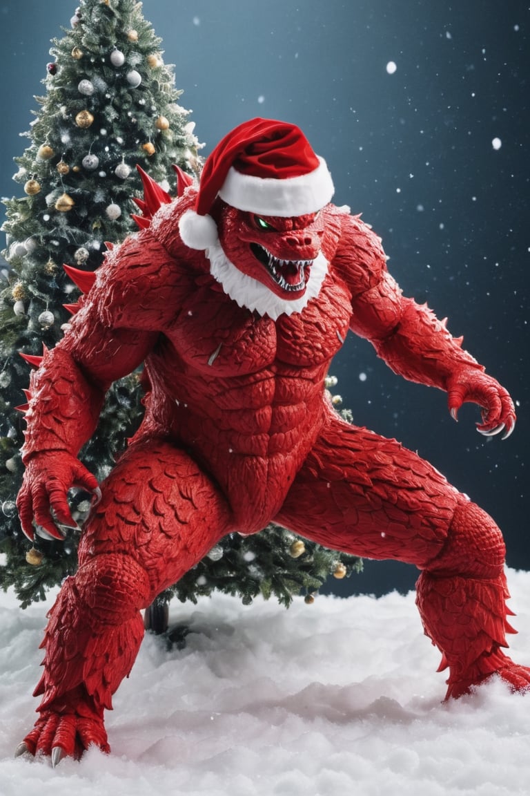 Extreme detailed Godzilla, ((full body:1.3)),  Godzilla, large CROWs, Futuristic Beam weapon, symmetry design , Monster, exoskeleton Godzilla, ((santa claus red costume)), ((sant hat)), Midnight, (((christmas decorations:1.9))), (snow flakes falling:1.9), ((from below:1.9)), ((from side:1.8)), ((christmas decoration tree:1.9))