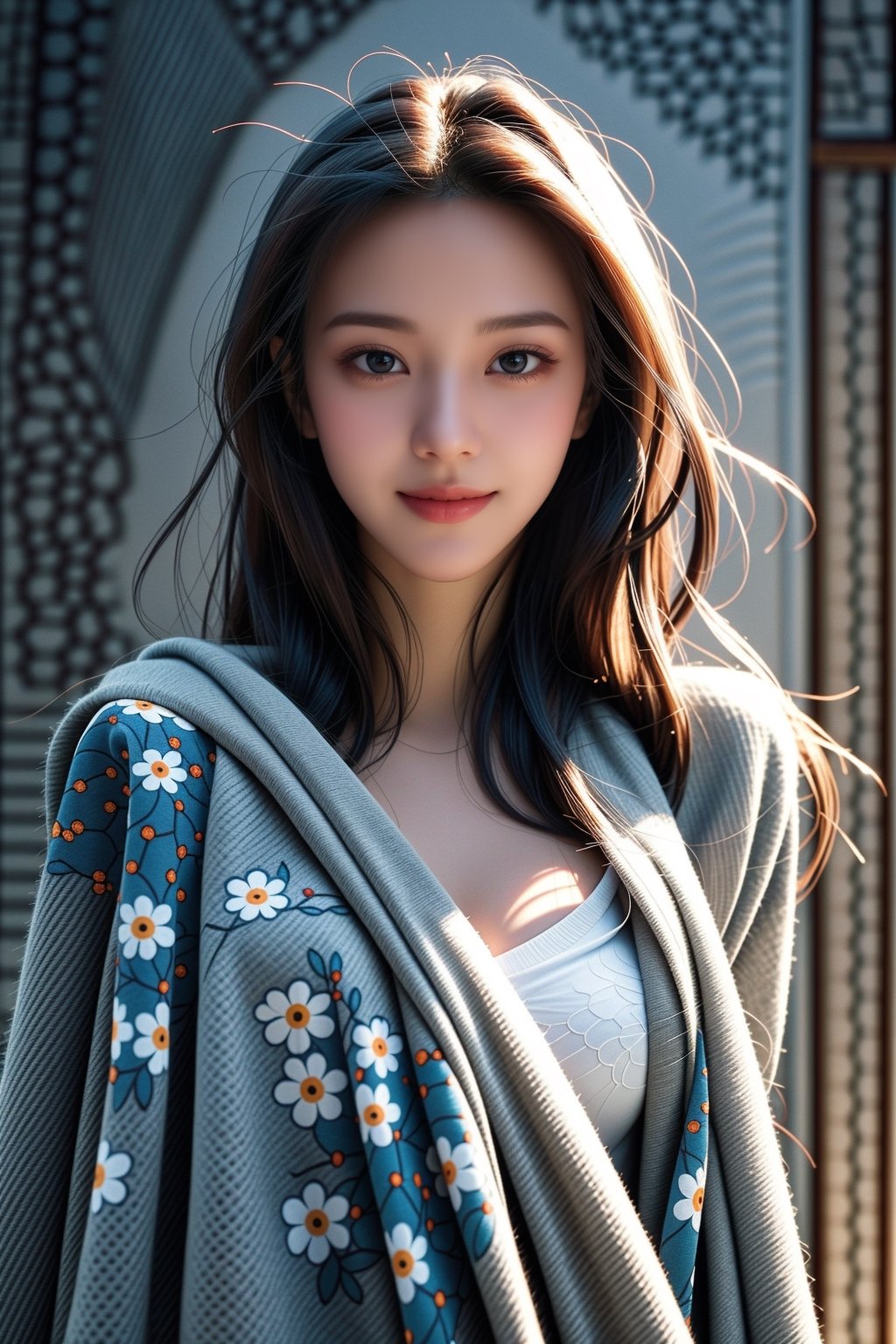 Masterpiece, details, super high quality, super high definition, 16k, beautiful girl, art station, cinematic, beautiful Japanese, 28 yo, 1girl, idol face, gorgeous girl, (beautiful and detailed eyes), (normal limbs) and fingers), ((precise hands without any discomfort)), face of young japanese actress, beautiful face, perfect face, (beautiful and accurate face (eyes, nose, mouth)), detailed face, detailed eyes, ((perfect legs, perfect hands, perfect fingers, beautiful facial skin, slim and perfect body)), film grain, real hands, straight long hair, hair blowing in the wind, smile, (large breasts:1.2), (upper body:1.3), (from below:1.2), (side shot:0.5),<lora:659111690174031528:1.0>