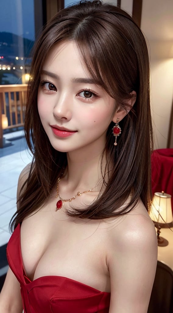 (best quality, masterpiece:1.2,  photorealistic:1.4,  highly detailed),  1 girl,  in her 20s,  detailed beautiful face,  smile,  detailed beautiful eyes,  medium-length light-brown hair,  wearing a fashionable red dress,  looks like a princess,  cleavage,  hair ornament,  earrings,  necklace,  realistic detailed skin texture,  detailed hair,  at hotel lounge,  at night,  sharp focus,  cowboy shoｔ portrait,  asian girl,  from above,  