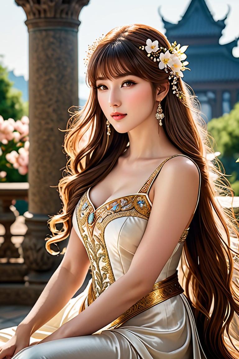 (full body:1.9), A majestic goddess blooms in a lavish palace setting. She sits serene, her long chestnut hair framing her face with high bangs. Her eyes, radiant with light brown hues and highlights in the pupils, gaze upward as her chin subtly tilts towards the sky. Plump cheeks and lips curve into a gentle smile, illuminating her small, exquisite features. Delicate Dutch-inspired brushstrokes bring her physiologically correct body to life, set against an out-of-focus background with shallow depth of field. The 350mm telephoto lens captures every detail in stunning 8K resolution, with noise removed for unparalleled realism. Her skin glows with a subtle shine, as if kissed by the divine. Unreal Engine's precision rendering brings this digital masterpiece to life, showcasing her enchanting beauty.