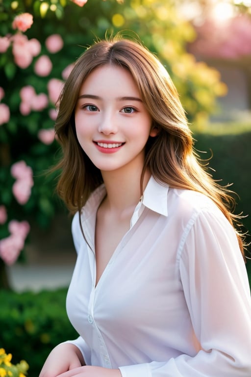 Masterpiece, DSLR photography, analog style, Nikon D5, live action photography, beautiful 20 year old woman, dramatic lighting (85mm), flowering garden in background, (detailed face), (beautiful sparkling eyes), dynamic angle, Michelangelo style, long hair, white shirt, smile: 1.4,