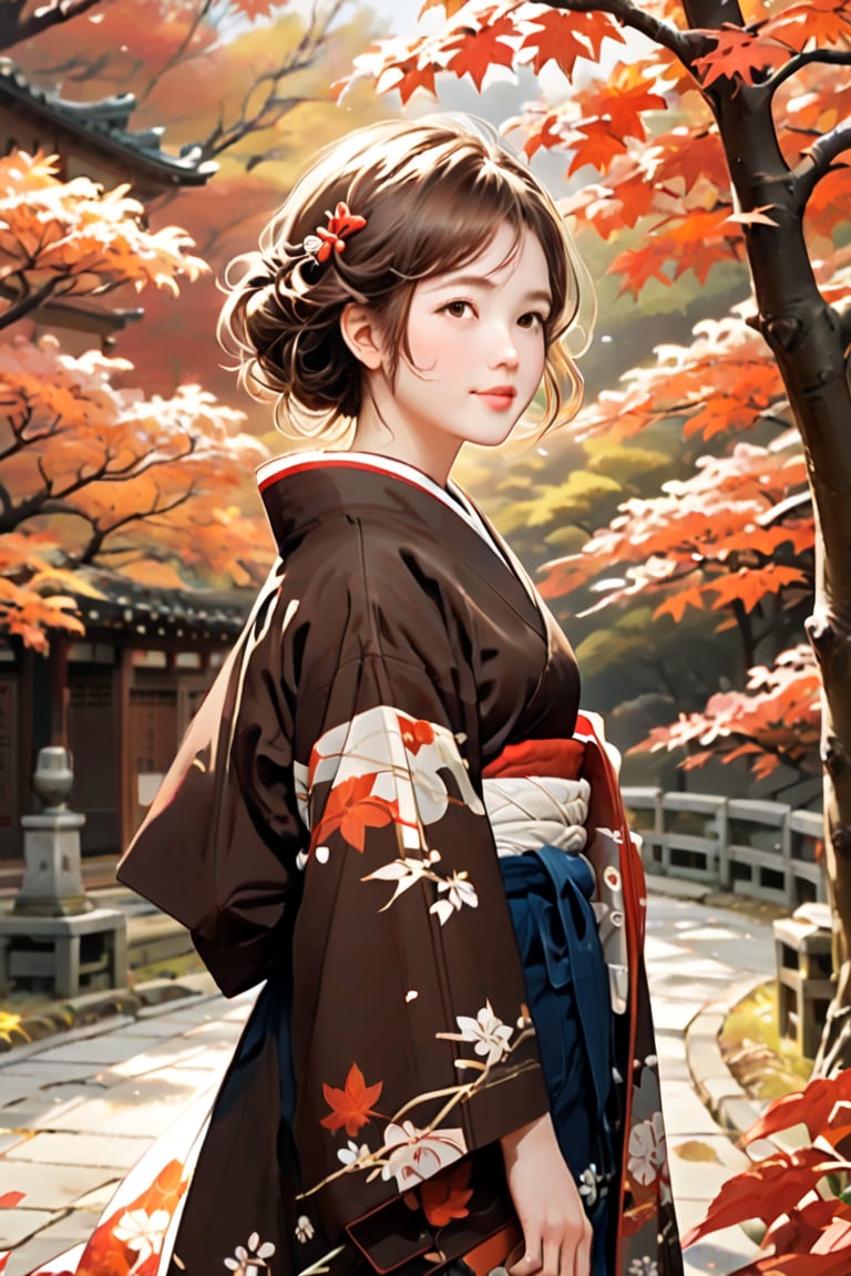 score_9,score_8_up, masterpiece, in the style of a hanafuda deck, a lovely Japanese girl (short cute brown hairdo, soft smile, dimples, kimono, elegant, wondrous expression)  walking under bright-red maple leaves), (Japanese Hanafuda design background).