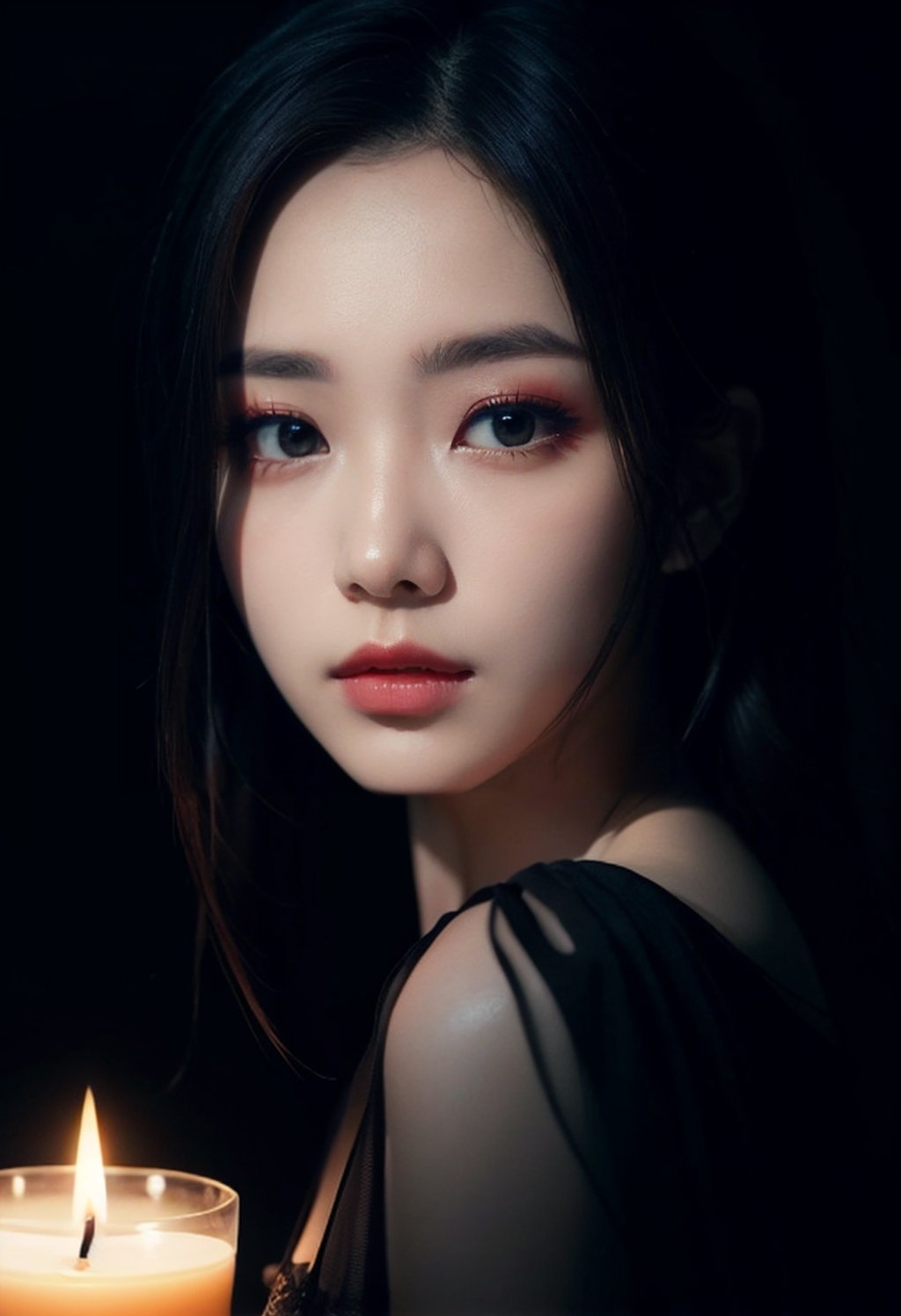 Perfect Dark Woman Front Face Black Background, Right Tiny Candle Light, candles disappear and only light,
Makeup,beautiful,detailed eyes,detailed lips, Three-Quarter Length