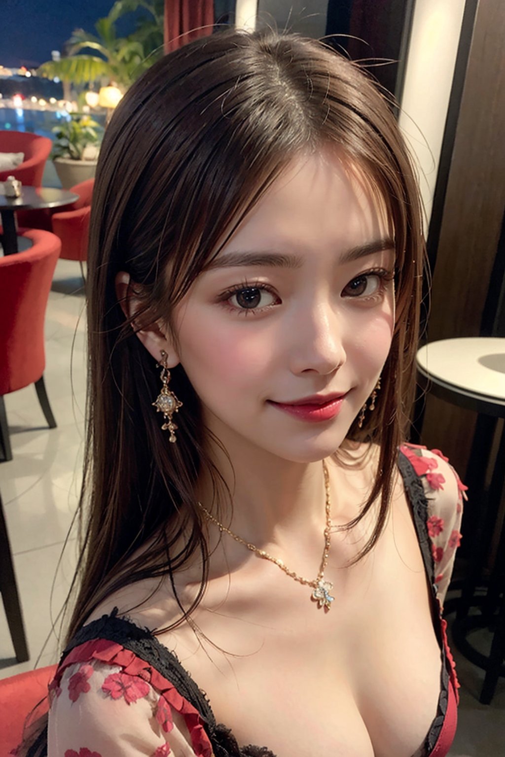 (best quality,masterpiece:1.2, photorealistic:1.4, highly detailed), 1 girl, in her 20s, detailed beautiful face, smile, detailed beautiful eyes, medium-length light-brown hair, wearing a fashionable red dress, looks like a princess, cleavage, hair ornament, earrings, necklace, realistic detailed skin texture, detailed hair, at hotel lounge, at night, sharp focus, cowboy shoｔ portrait, asian girl, from above