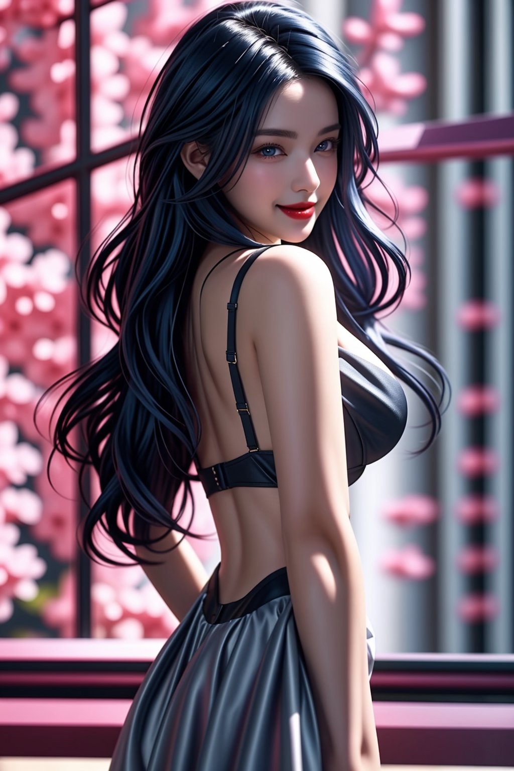 masterpiece, (best quality}, (extremely detailed CG unity 8k wallpaper}, 1 girl, (solo), 18 yo, (dark blue hair), (long straight hair), detailed face, beautiful, gorgeous, glass room, chic fashion, body silhouette light, backlight silhouette, fashion high fashion, cinematography, (three quarter Length), stunning woman with gorgeous hair, blue eyes, natural makeup, red lips, charming, (large breasts:1.2), deep cleavage, sexy, smile, (from below:0.9),<lora:659111690174031528:1.0>