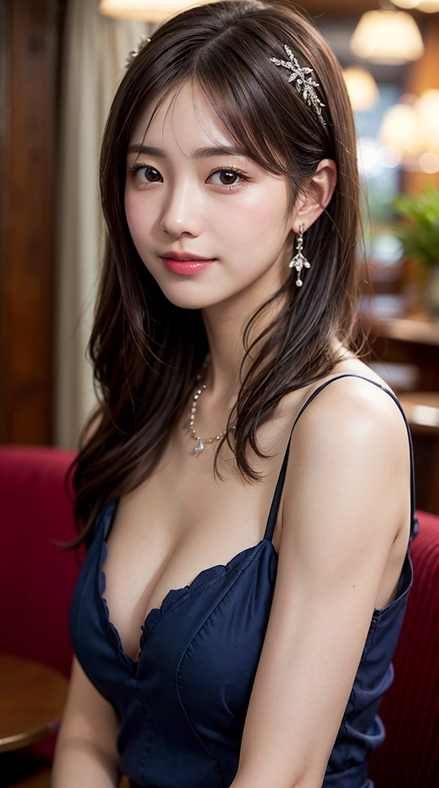 (best quality,masterpiece:1.2, photorealistic:1.4, highly detailed), 1 girl, in her 20s, detailed beautiful face, smile, detailed beautiful eyes, medium-length light-brown hair, wearing a fashionable navy dress, looks like a princess, cleavage, hair ornament, earrings, necklace, realistic detailed skin texture, detailed hair, at hotel lounge, at night, sharp focus, upper-body portrait, asian girl,