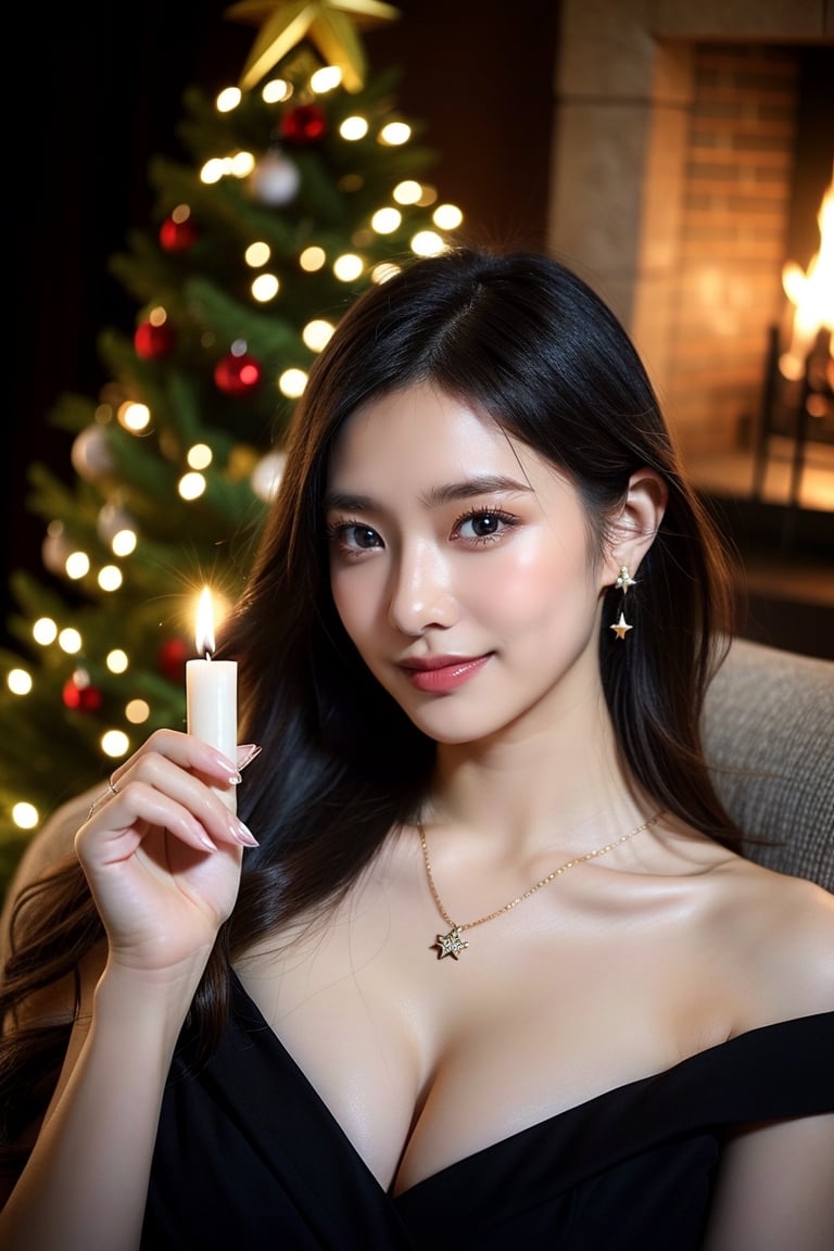 Masterpiece, (Super Highest Quality: 1.4), (Ultra Definition), (Very Detailed CG Integrated 16K Wallpaper), Highly Detailed, Realistic, 1 Girl, 20 yo, (Beautiful Breasts: 1.3), Amazing Face and eyes, sharp jaw, beautiful eyes, Japanese, Christmas night, illuminated by only candle light, happy smile, fireplace, Christmas, Christmas tree, thin necklace, earrings, (black back-ground:1.5), Portrait