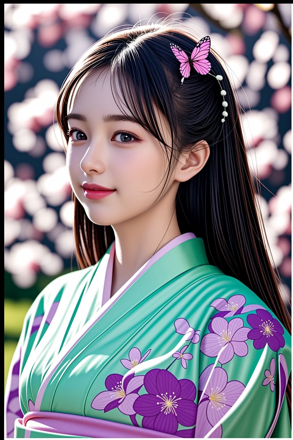 1 girl, solo, Japanese, 24 yo, long hair, shiny green eyes, detailed eyes, blink-and-you'll-miss-it details, purple glowing butterfly, outdoor, flower garden, high quality, ((cherry blossom pattern kimono)), floral background, highly detailed, smile, (from below:1.2),<lora:659111690174031528:1.0>