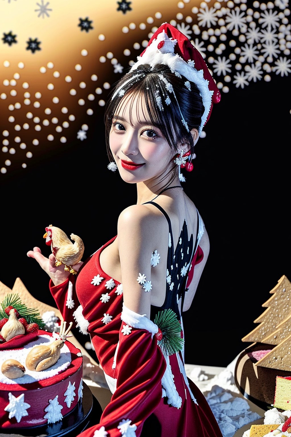 Masterpiece, (Super Highest Quality: 1.4), (Ultra Definition), (Very Detailed CG Integrated 16K Wallpaper), Highly Detailed, Realistic, 1 Girl, 20 yo, Beautiful Breasts, (large Breasts:1.2), Amazing Face and eyes, sharp jaw, beautiful eyes, Japanese, Christmas night, candle light only, happy smile, fireplace, Christmas, Christmas tree, ((Christmas table,  Christmas chicken, Christmas strawberry cake:1.5)), thin necklace, earrings, (red tight dress:1.5), ((black back-ground:1.9)), (from side:1.0), upper body, (from above:1.0), ((Shining small snow flakes:1.7)),<lora:659111690174031528:1.0>