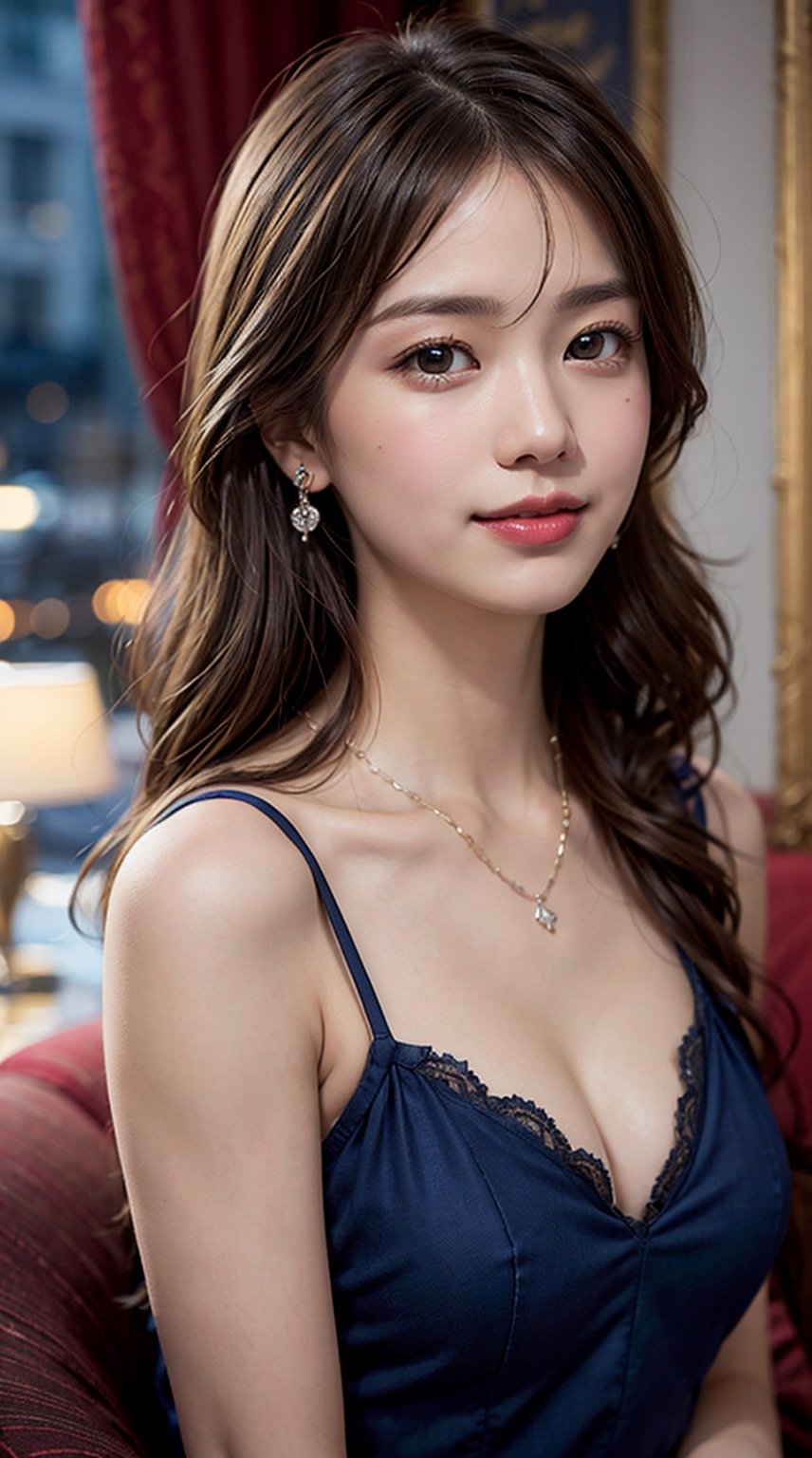 (best quality,masterpiece:1.2, photorealistic:1.4, highly detailed), 1 girl, in her 20s, detailed beautiful face, smile, detailed beautiful eyes, medium-length light-brown hair, wearing a fashionable navy dress, looks like a princess, cleavage, hair ornament, earrings, necklace, realistic detailed skin texture, detailed hair, at hotel lounge, at night, sharp focus, upper-body portrait, asian girl,