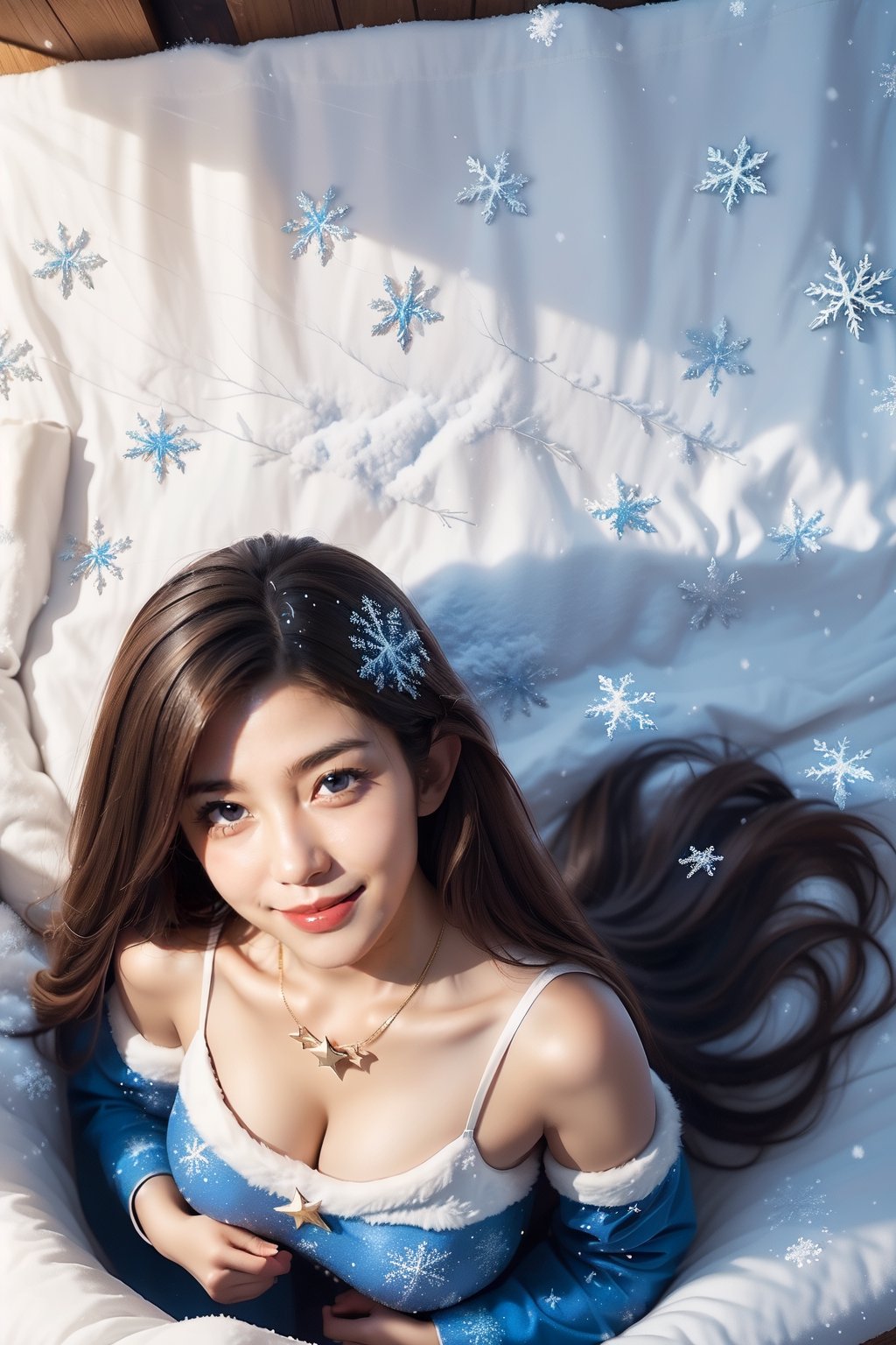 ((masterpiece, best quality, ultra-detailed, very fine 16KCG wallpapers)), 1girl, solo, 20 yo, kawaii, Smirk, large breasts:1.2, dark brown hair, long hair, blue eyes, sexy santa costume, holy night, christmas decorations, christmas night, nice hands, perfect hands, perfect finger, (snow flakes falling:1.8), profile, (from above:1.9), upper body, (Five-pointed star christmas tree:1.2). (glitter;1.3)