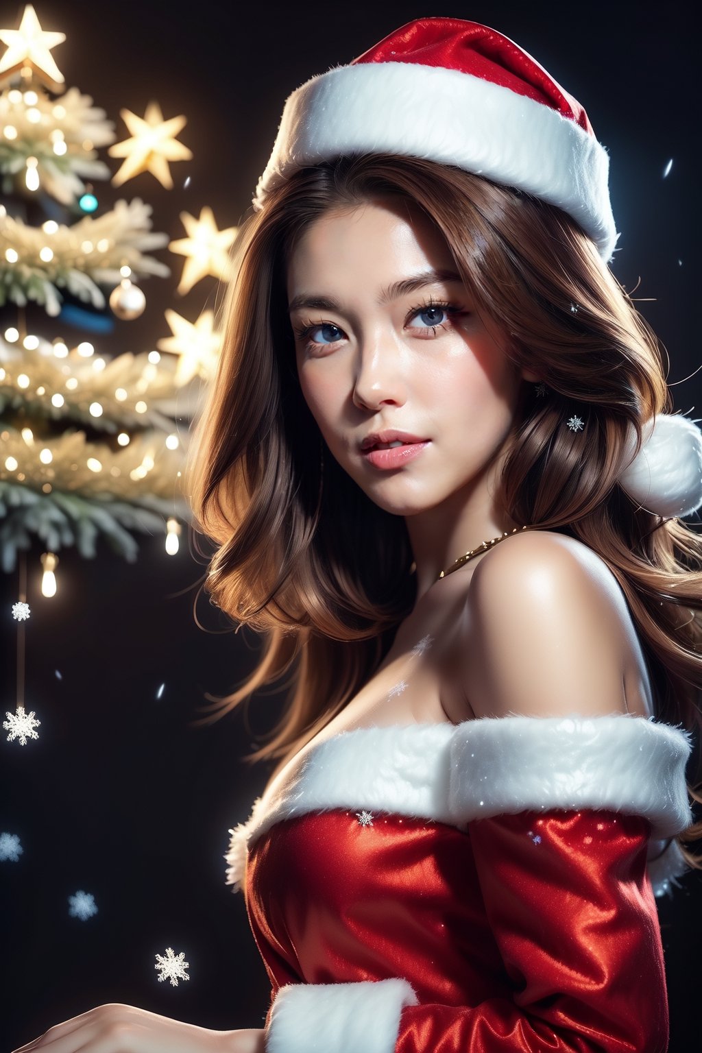 ((masterpiece, best quality, ultra-detailed, very fine 16KCG wallpapers)), 1girl, solo, 20 yo, kawaii, Smirk, large breasts:1.2, dark brown hair, straight long hair, black eyes, (santa claus red costume), sant hat, Midnight, christmas decorations, nice hands, perfect hands, perfect finger, perfect body, (snow flakes falling:1.3), (from below:1.7), (from side:1.6), cowboy shot, (6-pointed star christmas tree:1.5), (dark background:1.5)