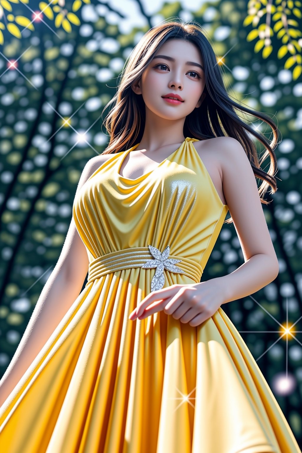 (masterpiece), (best quality), (ultra-detailed), (illustration), (an extremely delicate and beautiful), dynamic angle, floating, (beautiful detailed eyes), (detailed light), (1girl), 24yo, (large_breasts:1.2), floating hair,  glowing eyes, dark brown long hair, green eyes, halter dress, (sparkling yellow dress:1.8), feather, leaves, nature, (sunlight), river, (forest), (painting), (sketch), (bloom), smile, (from below:1.6),  hair blowing in the wind, (sparkling fine particls:1.7), bending forward,<lora:659111690174031528:1.0>