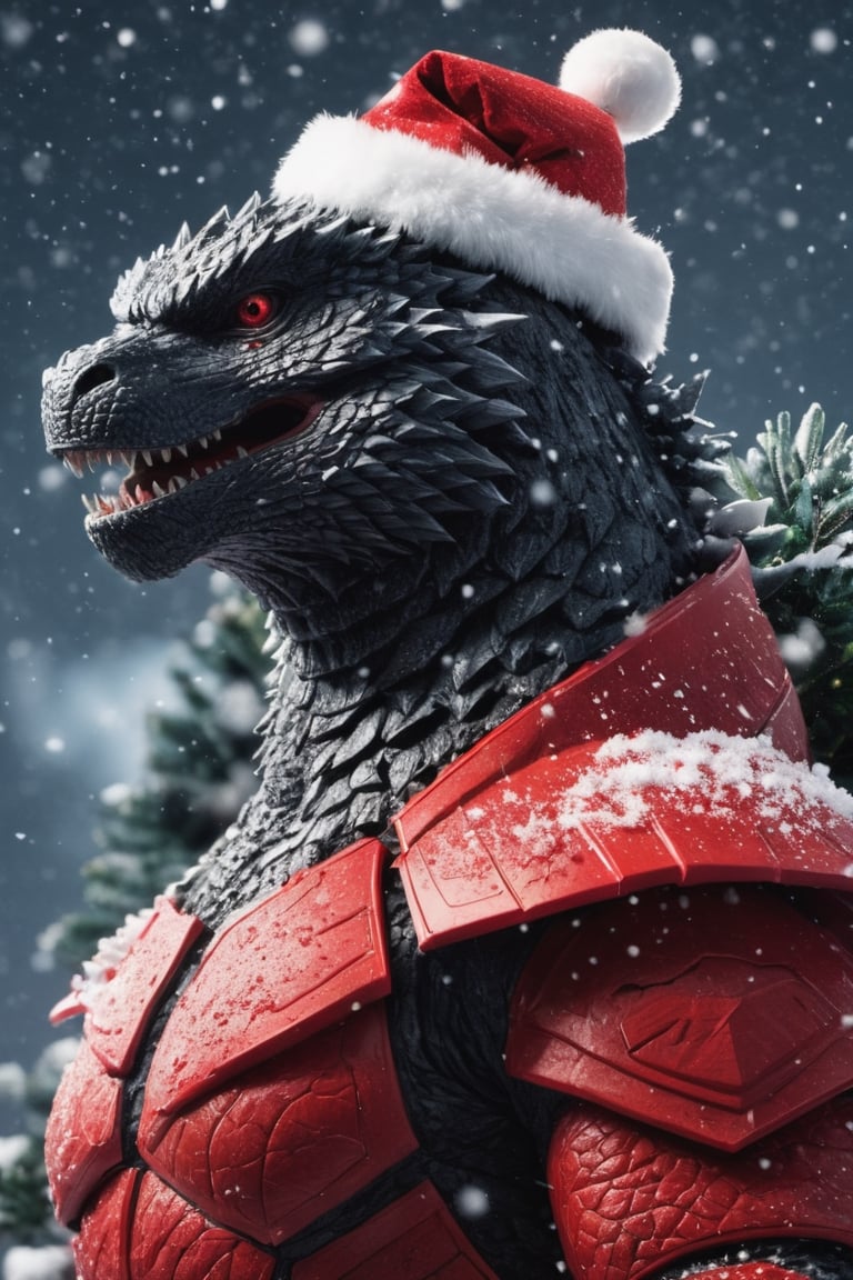 Extreme detailed Godzilla, ((full body:1.3)),  Godzilla, large CROWs, Futuristic Beam weapon, symmetry design , Monster, exoskeleton Godzilla, ((santa claus red costume)), ((sant hat)), Midnight, (((christmas decorations:1.9))), (snow flakes falling:1.9), ((from below:1.9)), ((from side:1.9)), (christmas tree:1.9)