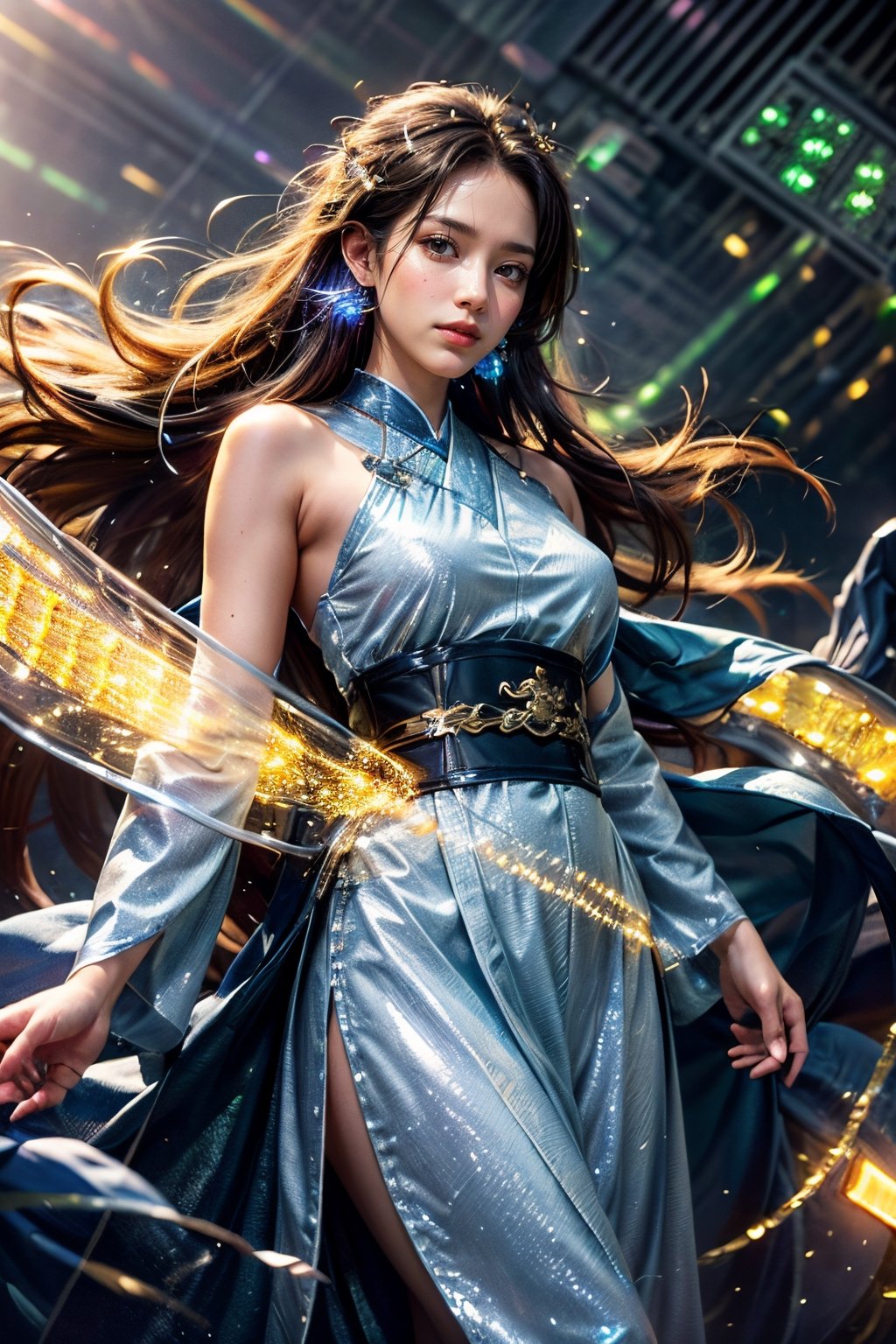 (Masterpiece), (Absurd, High Definition, Super Detail), (Very Complex: 1.3), (Realistic), Cinematic Lighting, 8K, Dreamlike, (Golden Dragon Surround: 1.0),
1 girl, (wearing women's Taoist gold robe, sleeveless, thighs visible: 1.5, long hem), light, magic, light magic, ((8 shimmering rising lights:1.9)), black floating in the wind Long hair, (from below: 1.3), Smirk