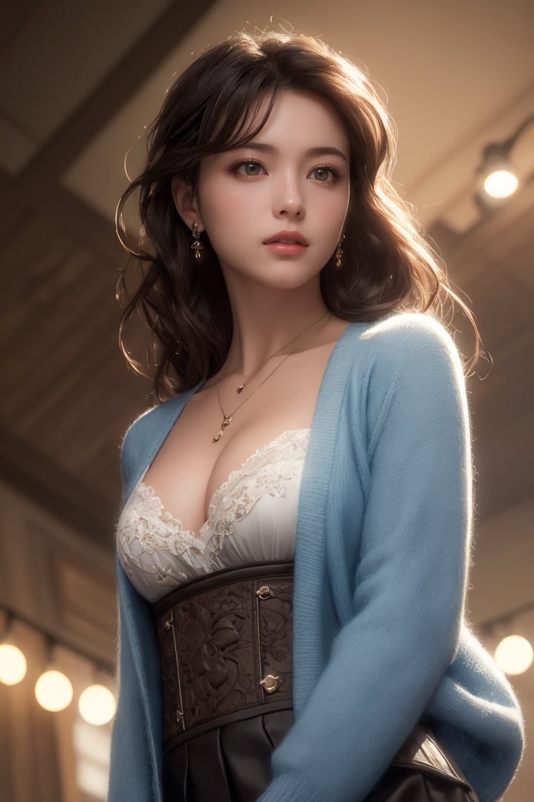 masterpiece, high quality, realistic aesthetic photo ,(HDR:1.3), pore and detailed, intricate detailed, graceful and beautiful textures, RAW photo, 16K, (bokeh:1.2), cinematic lighting, diffused light, head liting, cool tone, high contrast, ((majic fantasy theme:1.2)),  focus on girl,
[nordic : japanese: 0.5] girl, 20yo, beautiful face, white cleavage cutout oversize shirt, light-blue cardigan, black mini-skirt, beutiful dark-brown wavy long hair, hair tied back, (beautiful dark-brown eyes), smooth skin, juicy lips, eye_shadow, pendant, earing,                                                                                       high detailed, ultra detailed, 9x16 aspect ratio, 
high resolution, world-class official images, impressive visual, perfect composition, (from below:1.1)