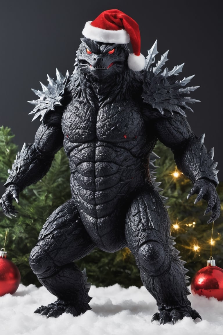 Extreme detailed Godzilla, ((full body:1.3)),  Godzilla, large CROWs, Futuristic Beam weapon, symmetry design , Monster, exoskeleton Godzilla, ((santa claus red costume)), ((sant hat)), Midnight, (((christmas decorations:1.9))), (snow flakes falling:1.9), ((from below:1.9)), ((from side:1.8)), ((christmas decoration tree:1.9))